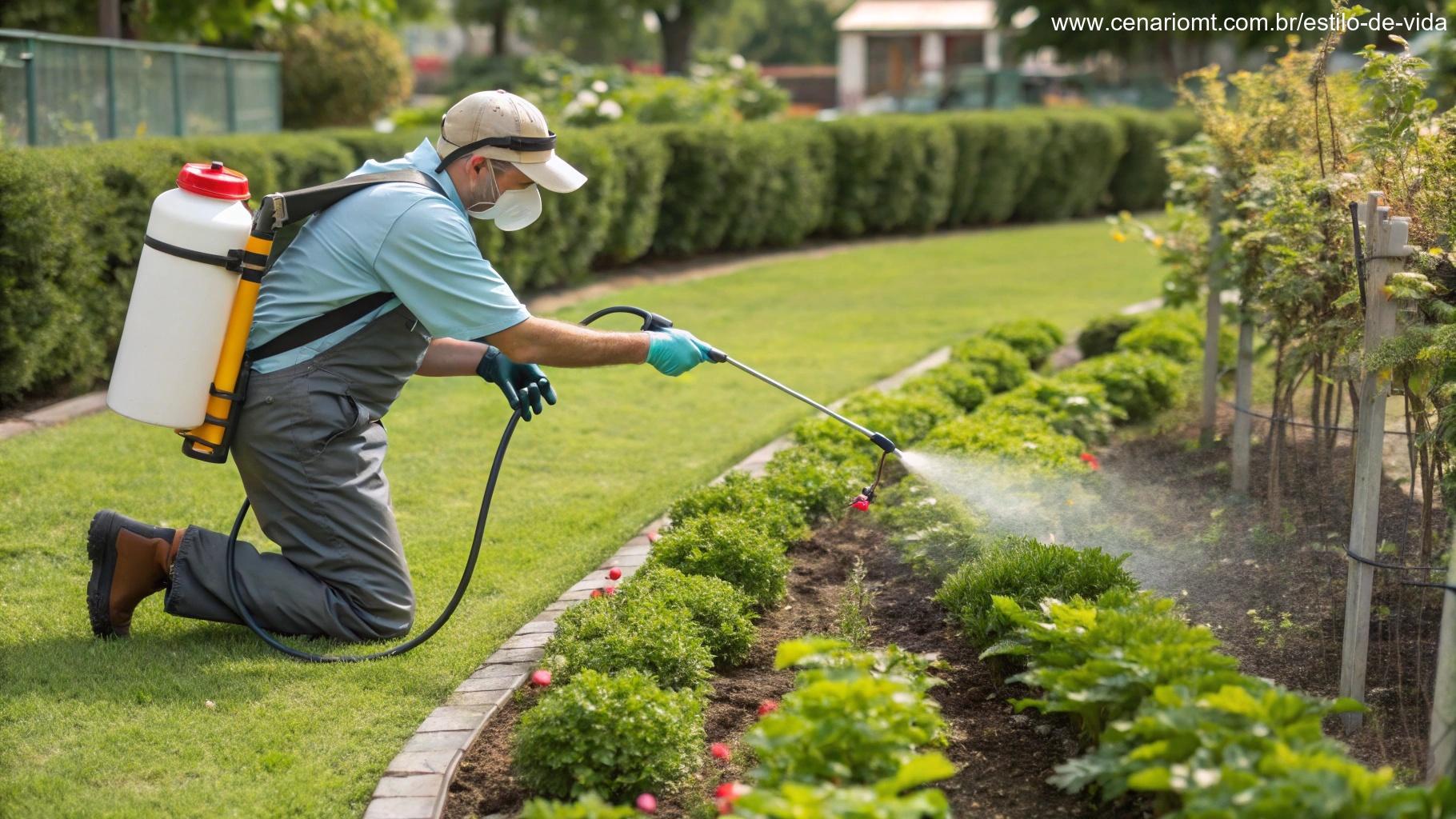 Aplicação de produtos químicos para combater fungos em plantas em um jardim bem mantido.
