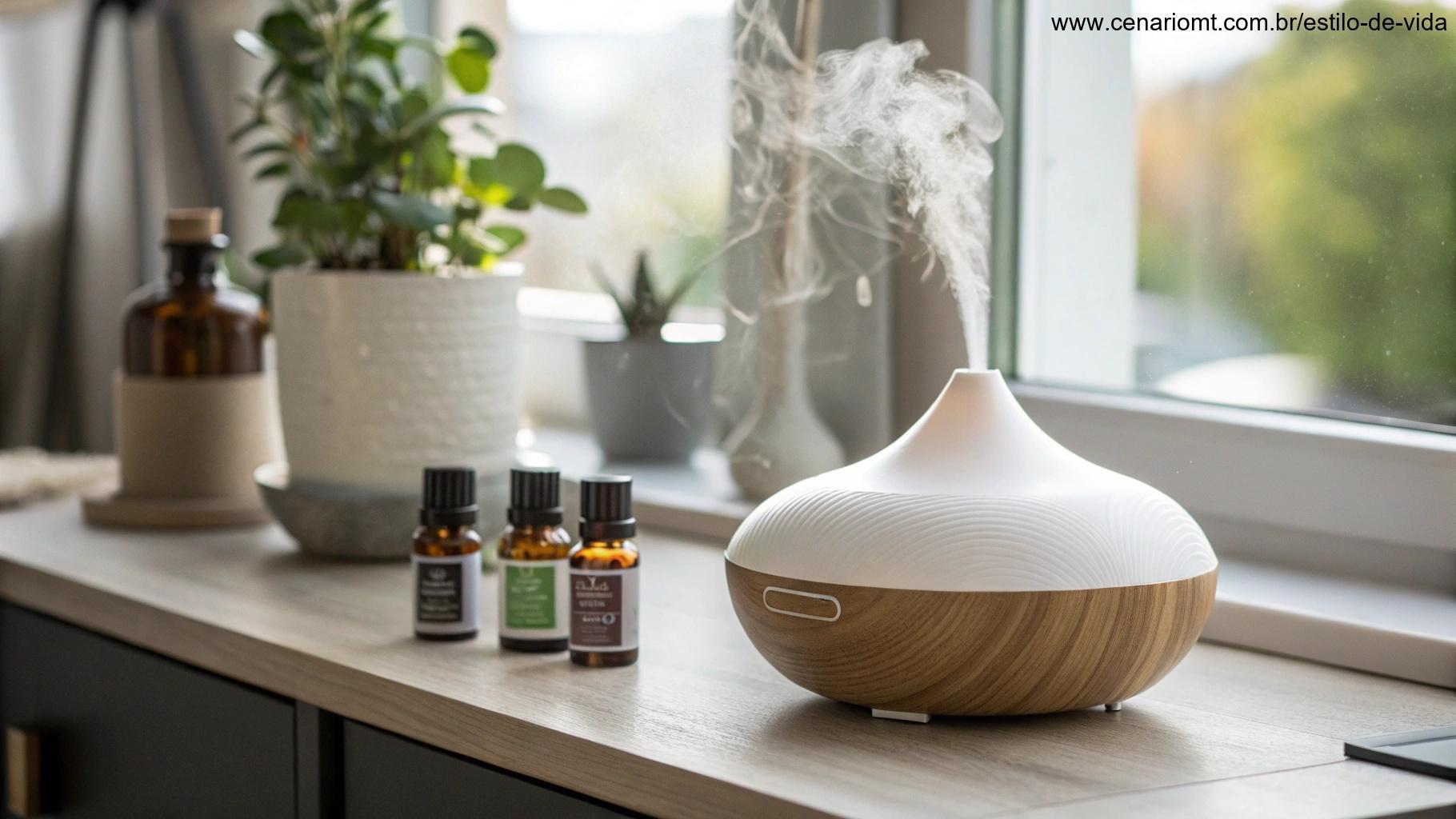 Difusor de óleos essenciais com vapor suave ao lado de frascos de óleos.