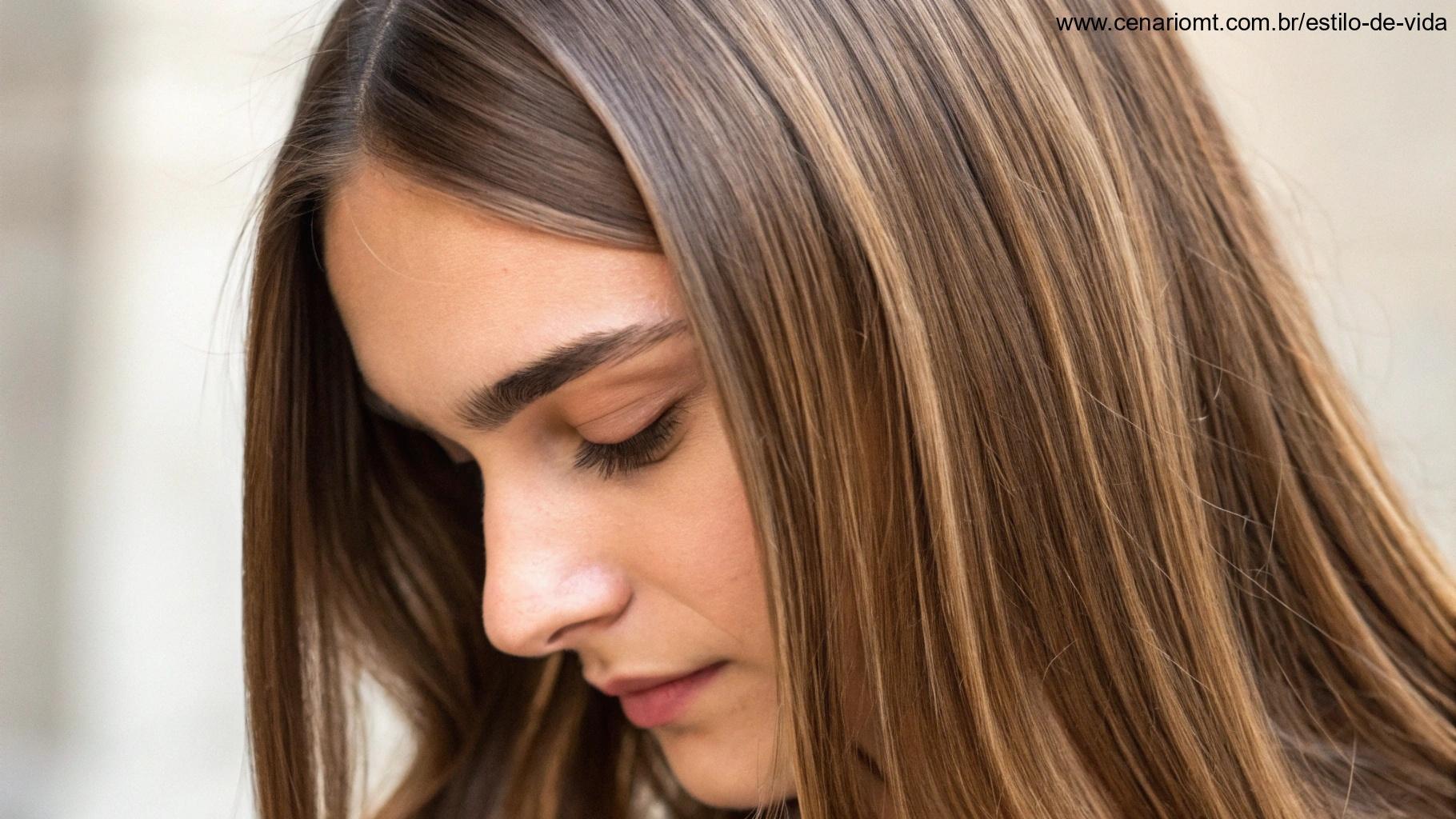 Close de uma pessoa com cabelo longo, bem cuidado e brilhante.