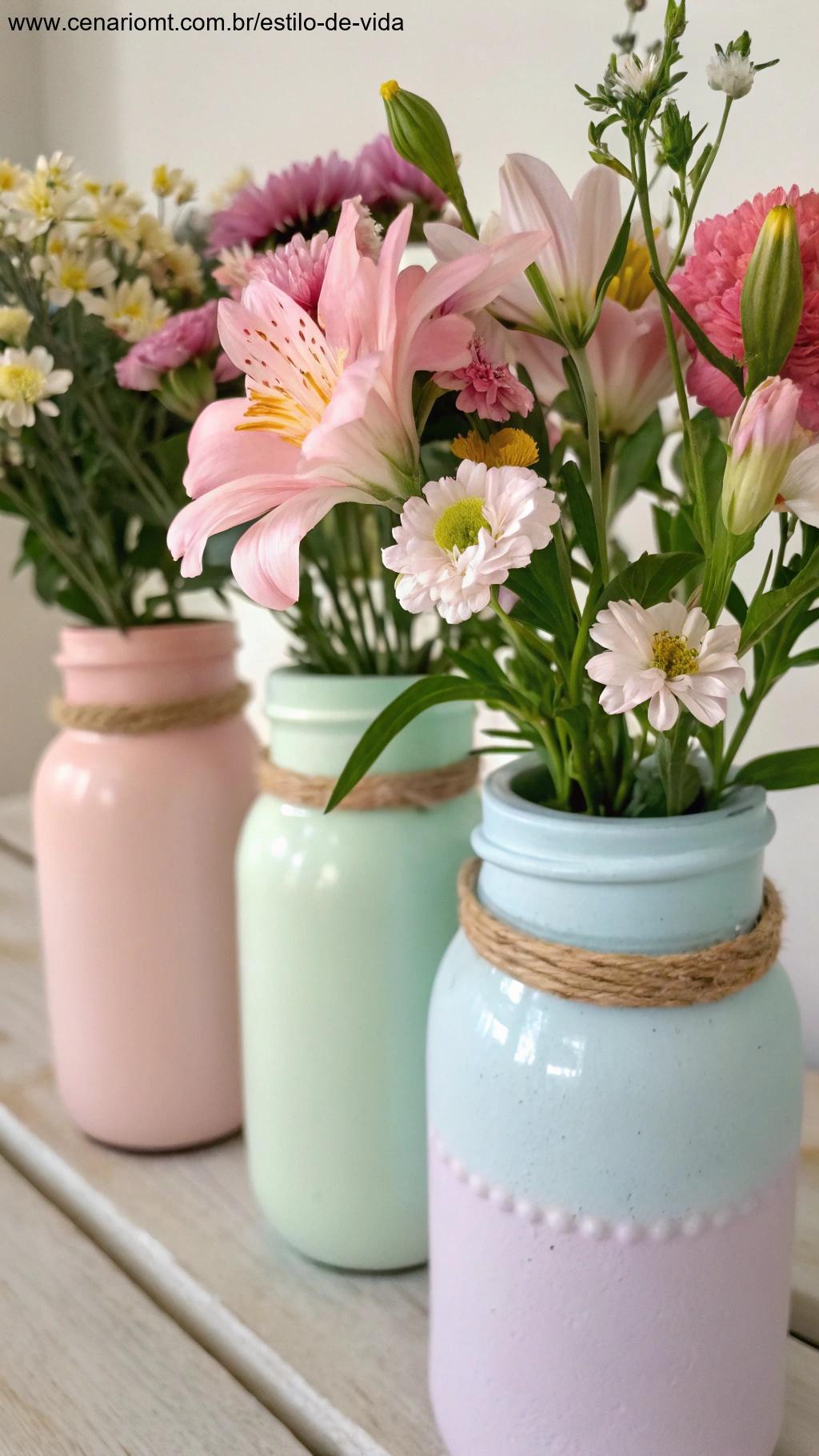 Vasos para flores feitos com frascos de vidro reaproveitados e pintados em cores pastel.