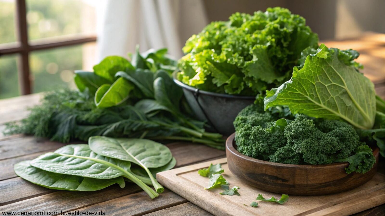 Uma seleção de verduras frescas sobre uma mesa rústica de madeira, iluminadas por uma luz suave e natural.