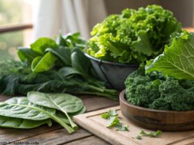 Uma seleção de verduras frescas sobre uma mesa rústica de madeira, iluminadas por uma luz suave e natural.