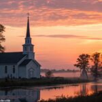 Imagem de um amanhecer tranquilo sobre uma igreja, com luz suave iluminando o campanário e uma atmosfera calma de reflexão e fé.