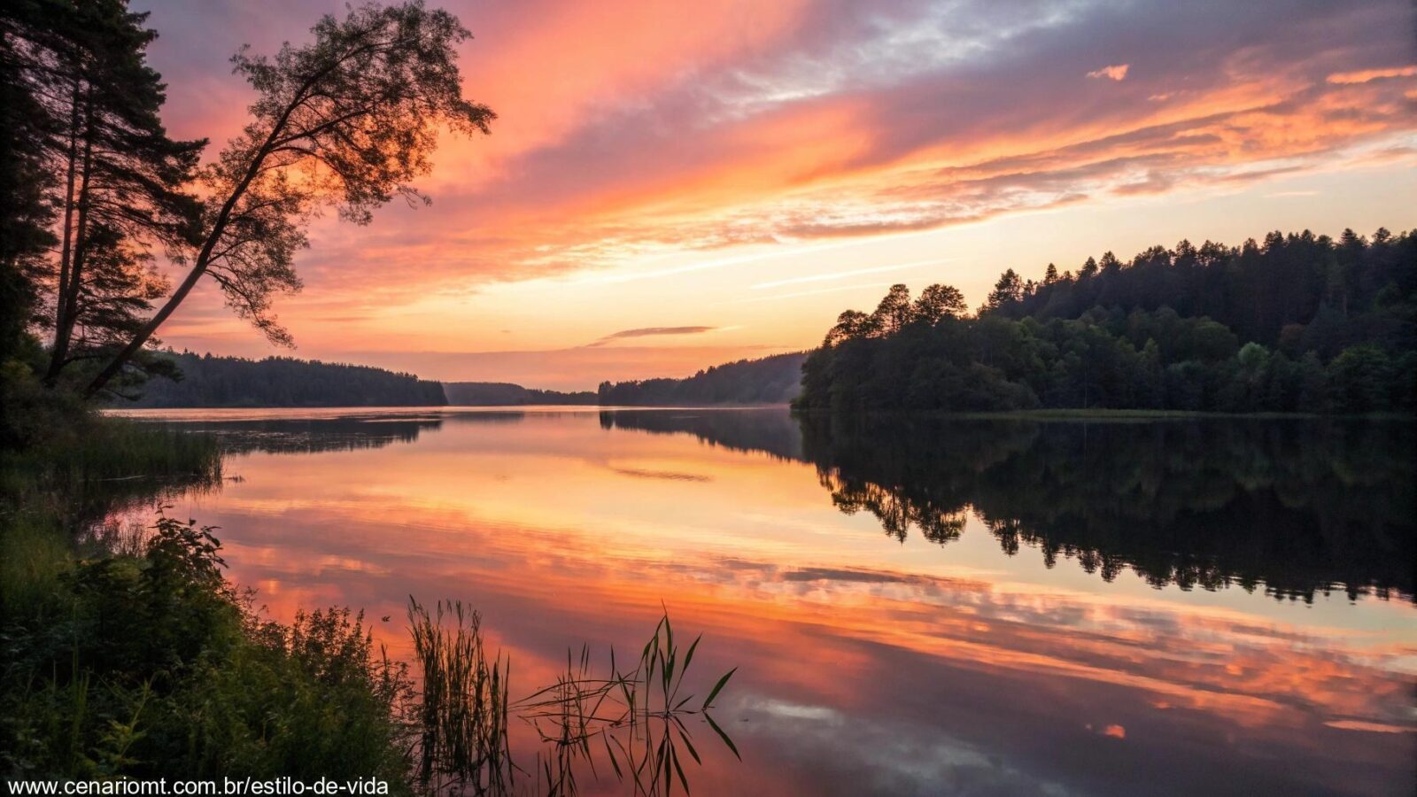 Paisagem tranquila com um pôr do sol sobre um lago calmo, simbolizando reflexão e paz espiritual.
