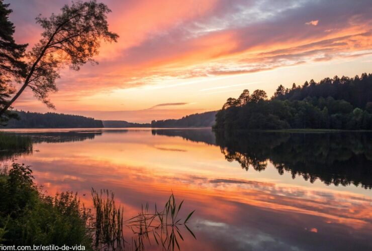 Paisagem tranquila com um pôr do sol sobre um lago calmo, simbolizando reflexão e paz espiritual.