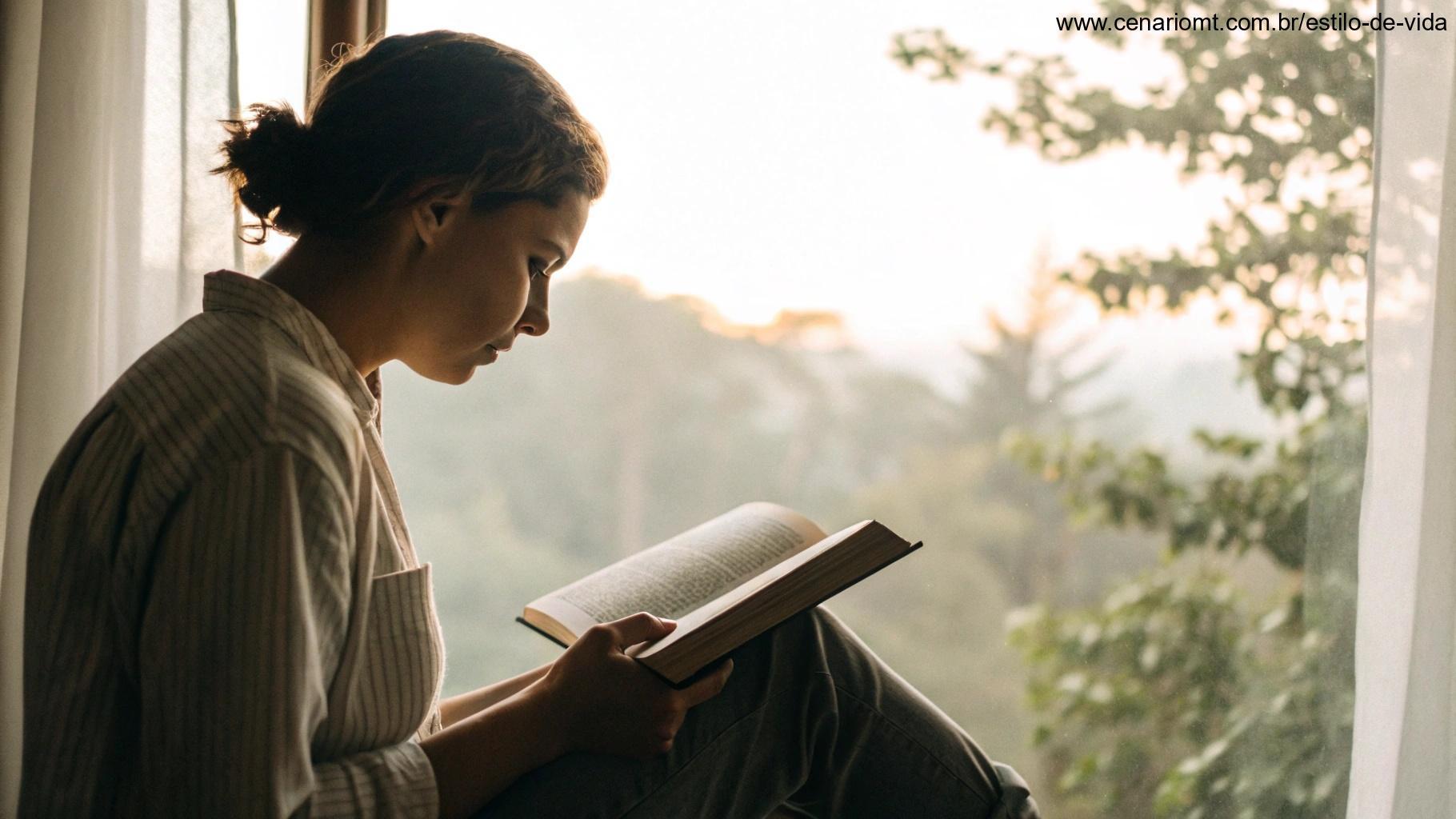Pessoa lendo um livro sagrado em um ambiente tranquilo, cercada por luz natural suave, representando crescimento espiritual e paz.