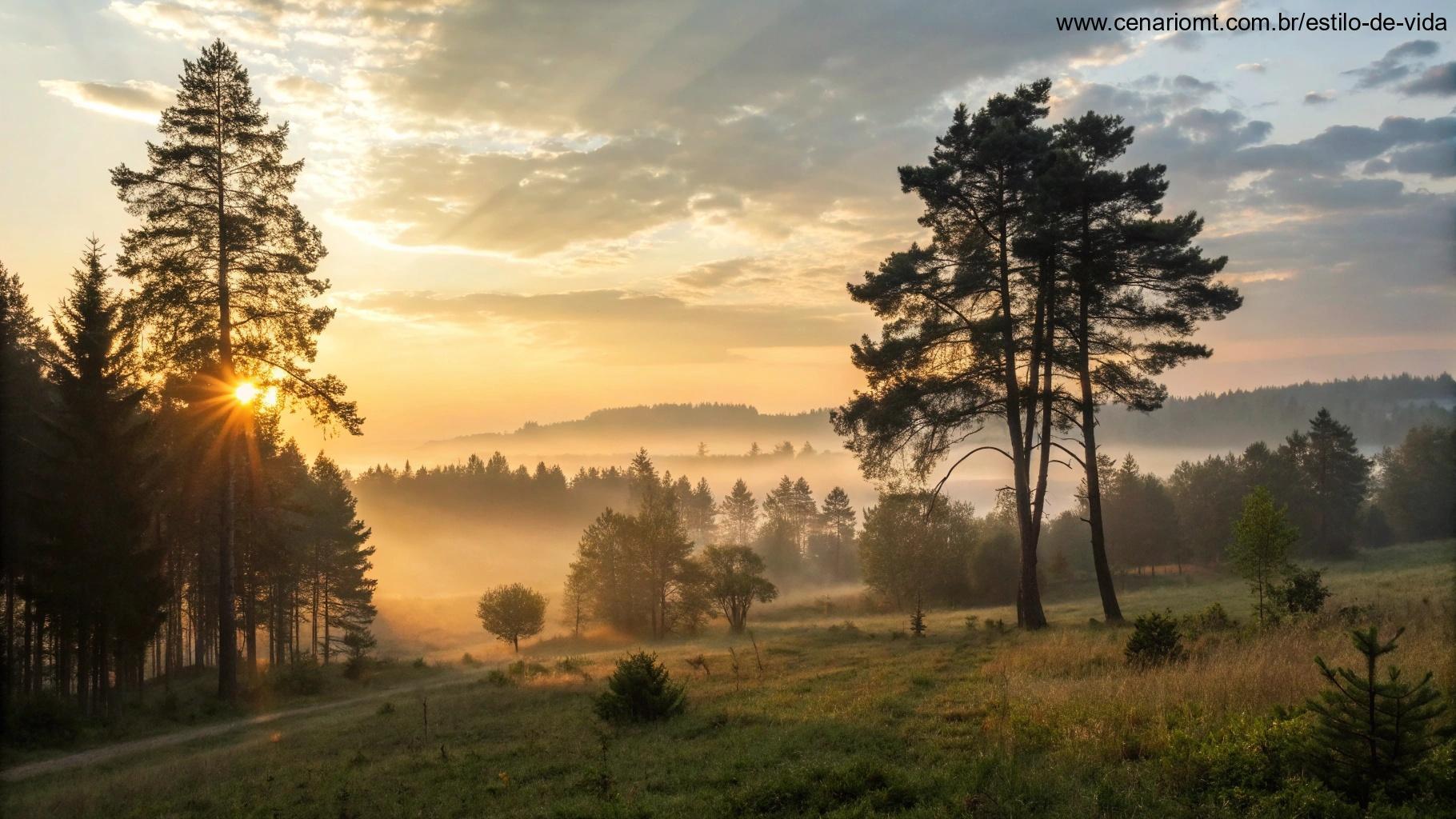 Pôr do sol tranquilo sobre uma floresta silenciosa, com raios suaves de luz filtrando pelas árvores, simbolizando novos começos e esperança.