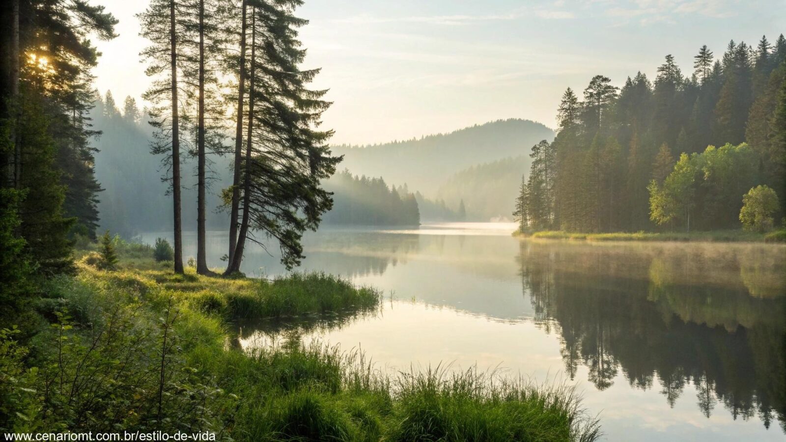 Paisagem serena com um lago tranquilo, cercado por árvores altas e luz suave, simbolizando paz e reflexão.