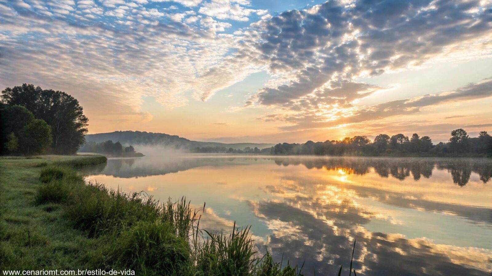Paisagem serena com um céu tranquilo de manhã, nuvens suaves e um lago calmo refletindo o nascer do sol, simbolizando reflexão e fé.