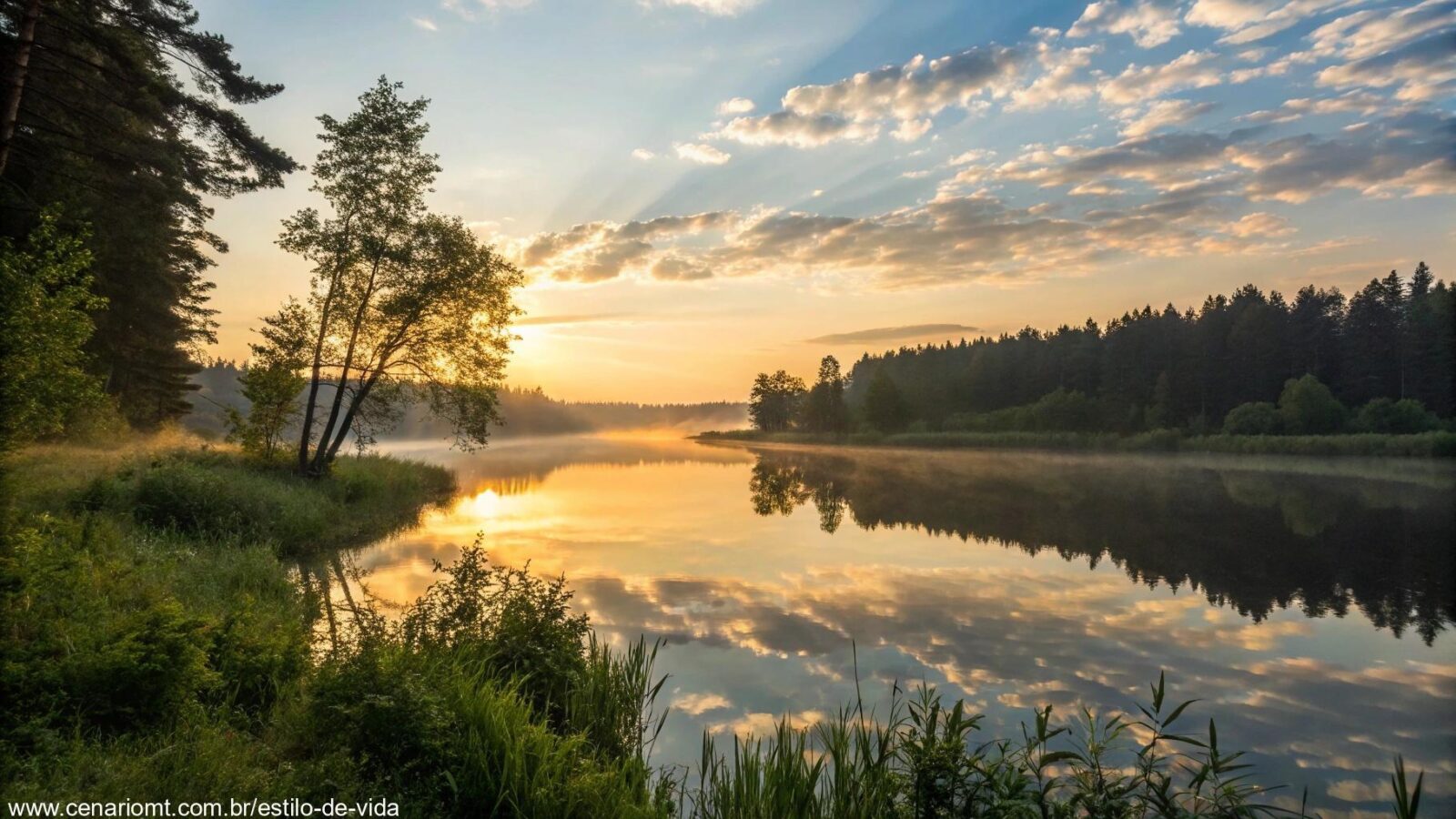 Paisagem serena ao amanhecer, com luz suave filtrando através das árvores e um lago calmo refletindo o céu, simbolizando reflexão e tranquilidade.