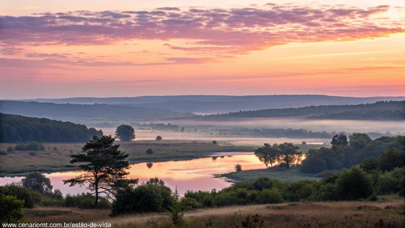 Paisagem serena ao amanhecer, com cores suaves e uma atmosfera de paz, simbolizando reflexão e fé.