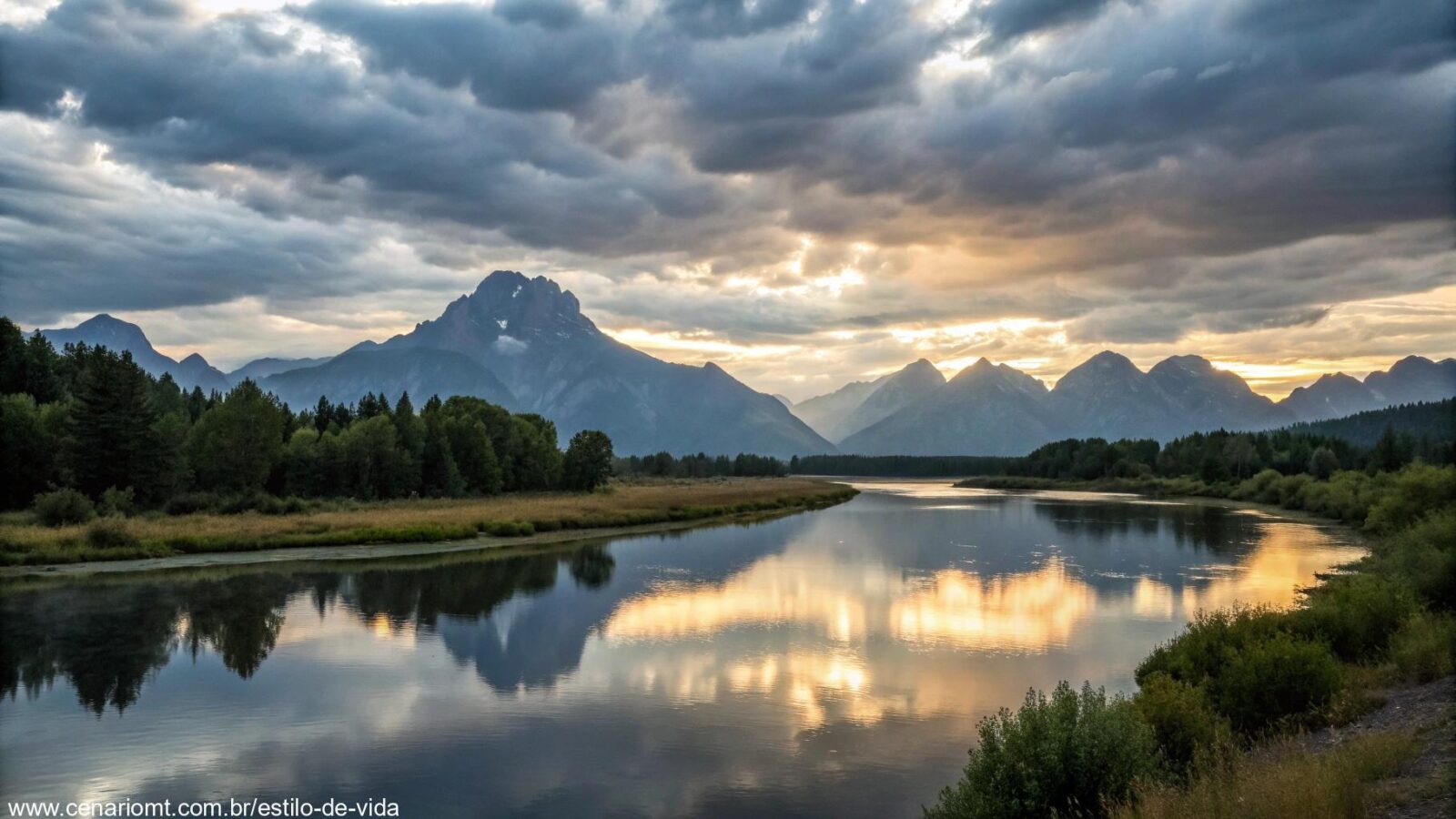 Paisagem serena de uma manhã tranquila com montanhas e um rio calmo.