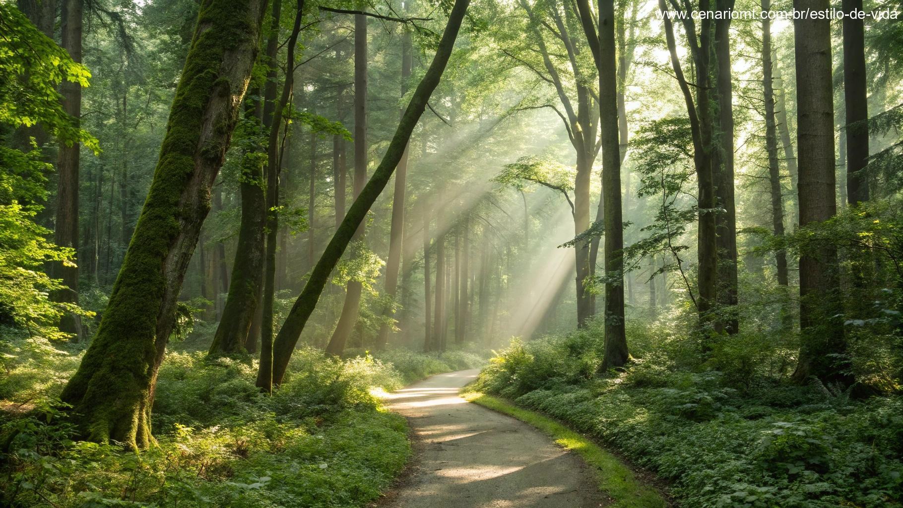 Cena tranquila e natural com um caminho sinuoso através de uma floresta exuberante, com a luz do sol filtrando pelas árvores, simbolizando orientação e reflexão para o dia.