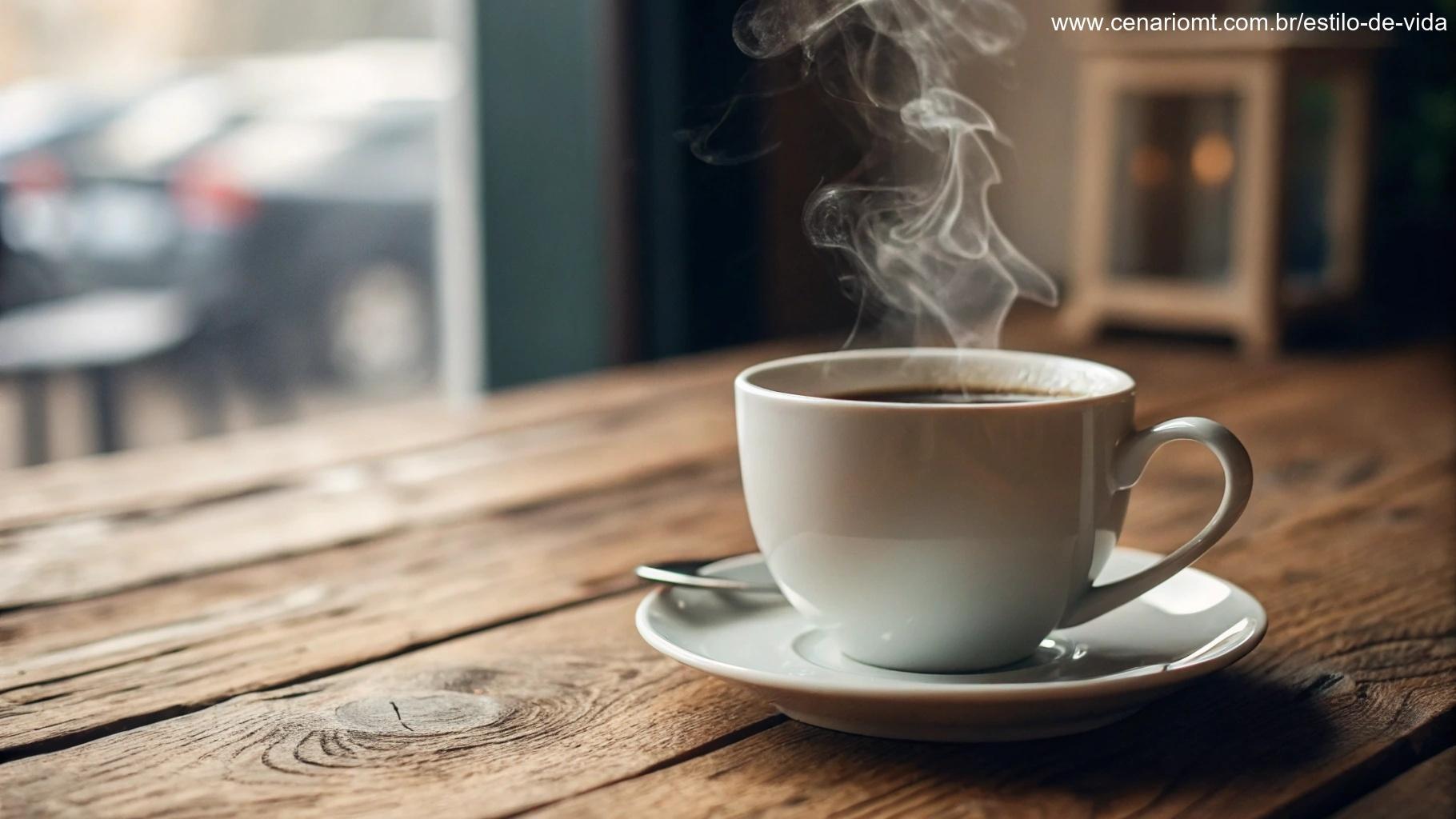 Xícara de café quente com vapor suavemente subindo.