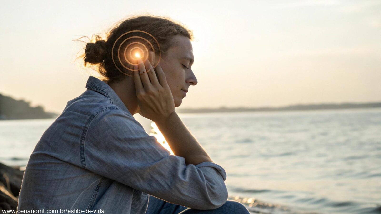Pessoa sentada em um ambiente calmo, com a mão tocando suavemente a orelha direita, com uma aura suave e luminosa ao redor, simbolizando o significado espiritual.