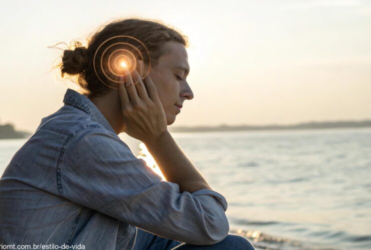 Pessoa sentada em um ambiente calmo, com a mão tocando suavemente a orelha direita, com uma aura suave e luminosa ao redor, simbolizando o significado espiritual.