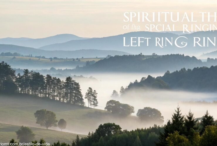 Paisagem serena e pacífica com iluminação suave e uma leve névoa, representando o significado espiritual do zumbido no ouvido esquerdo.
