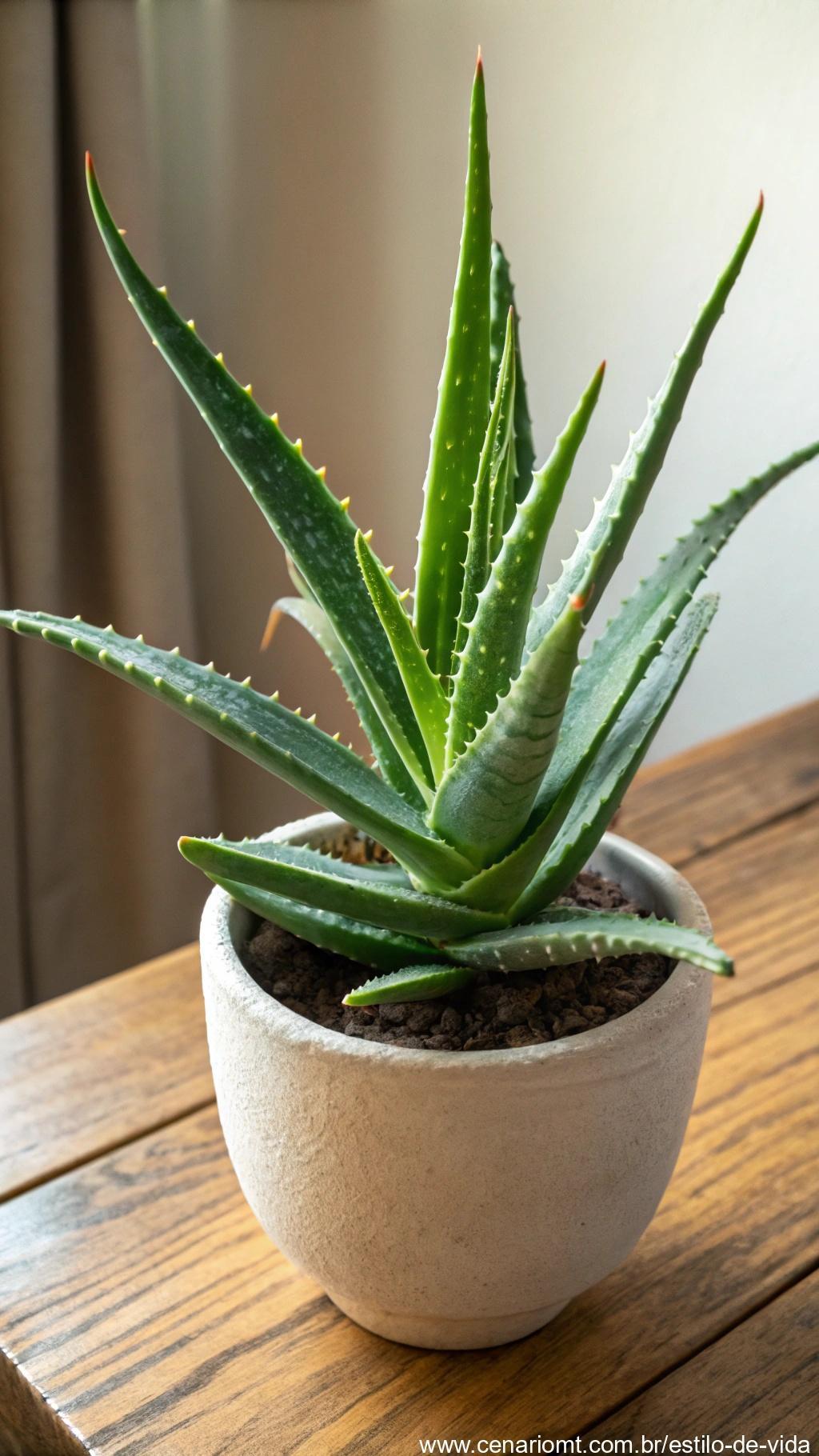 Planta de Aloe Vera com folhas grossas e suculentas em um vaso cerâmico.