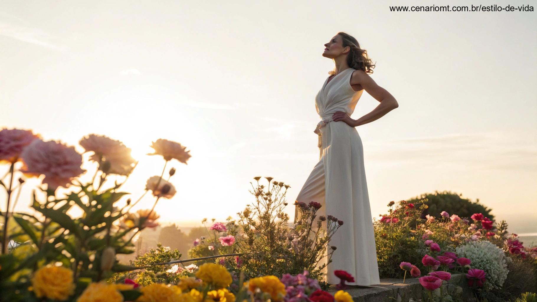 Mulher forte e elegante cercada por símbolos de força e beleza.