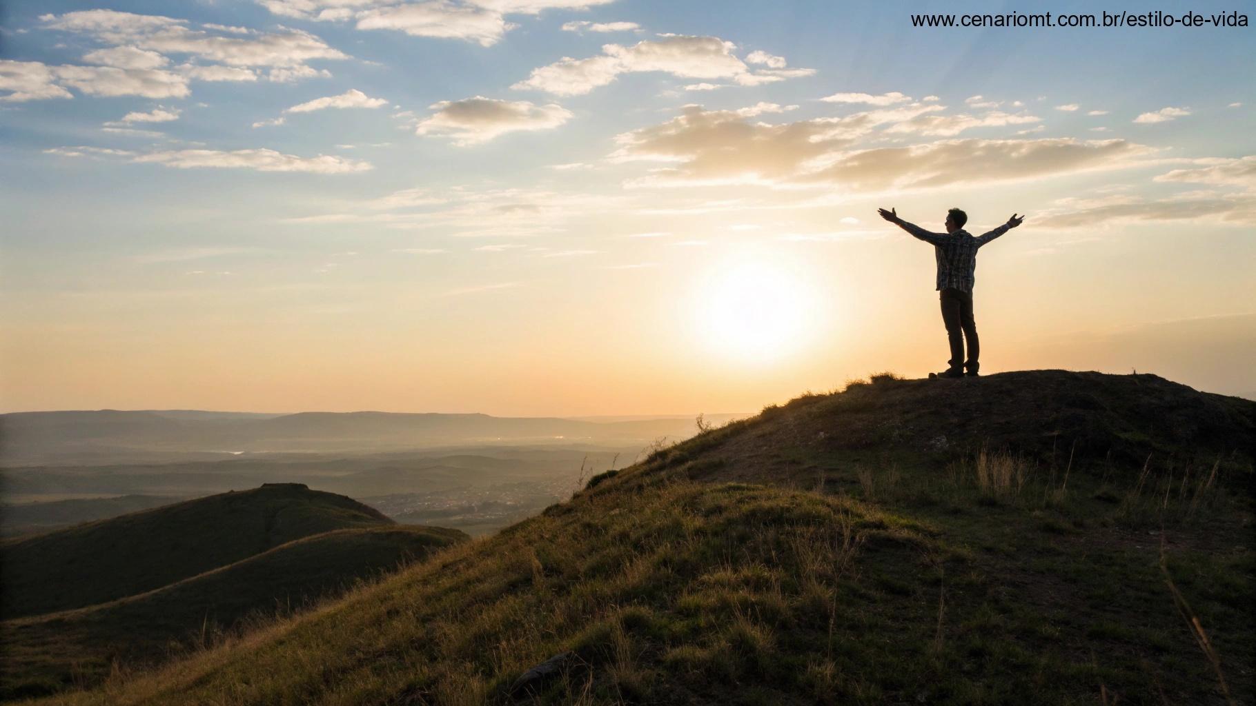 Imagem de uma pessoa no topo de uma colina, olhando para o nascer do sol, cheia de fé e esperança para a nova semana.