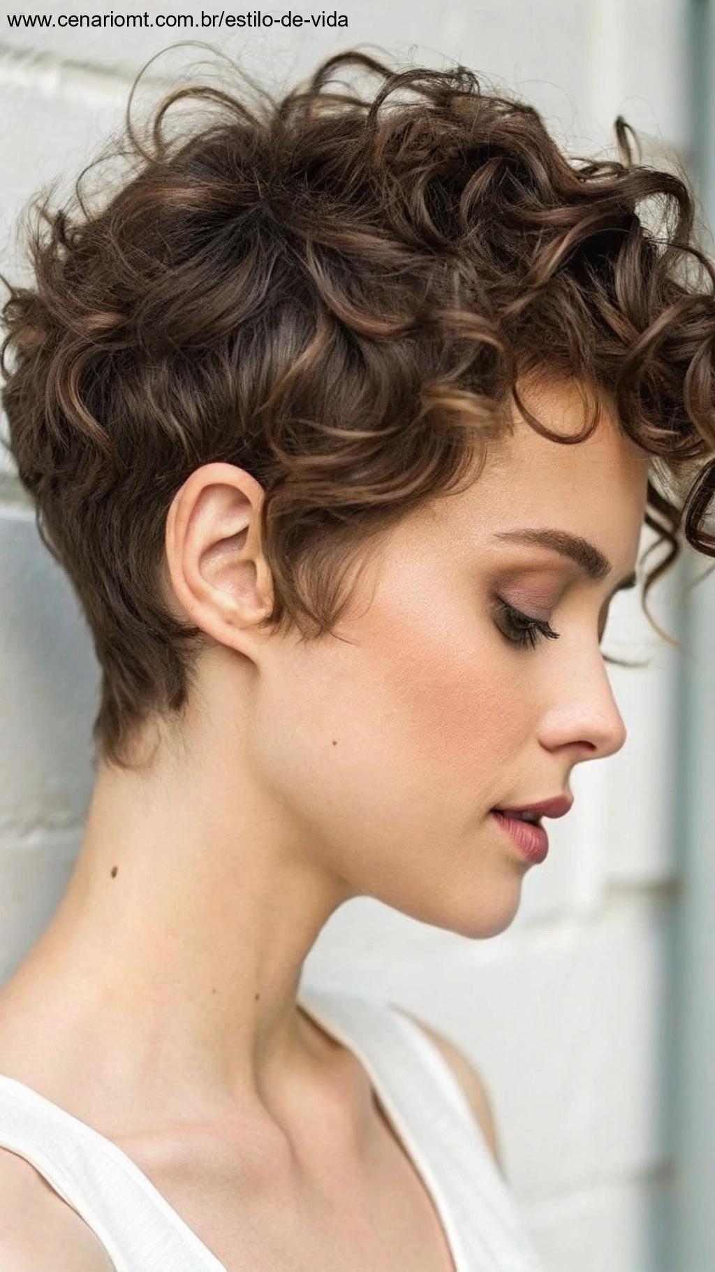 Corte pixie assimétrico com cachos suaves.
