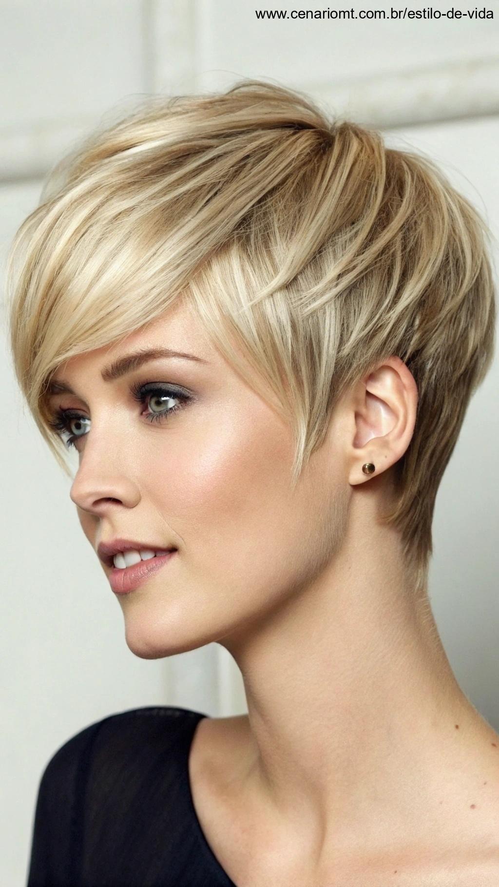 Corte pixie com franja lateral: corte de cabelo pixie elegante com franjas laterais suaves.