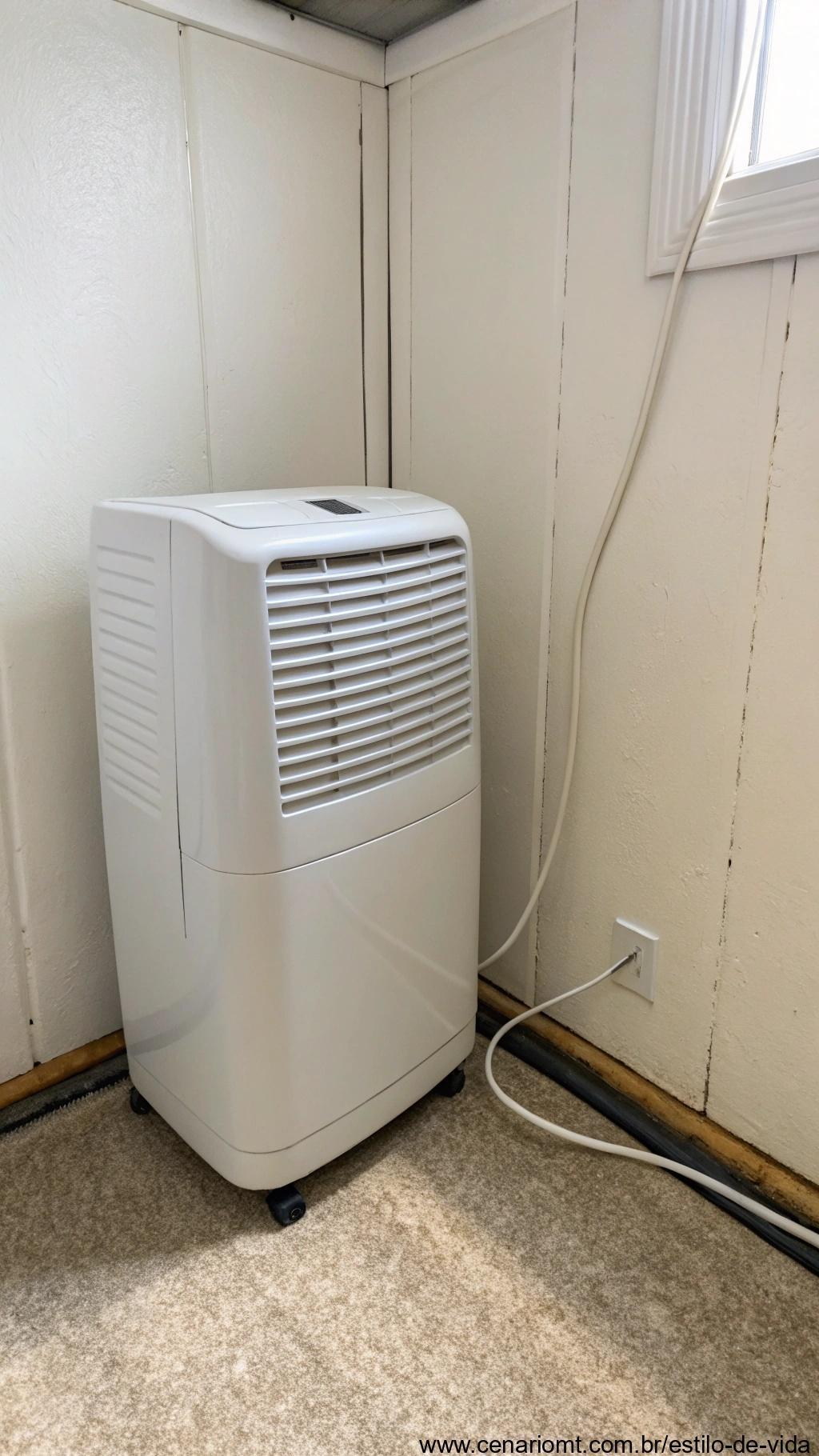 Desumidificador funcionando para reduzir a umidade do ambiente.