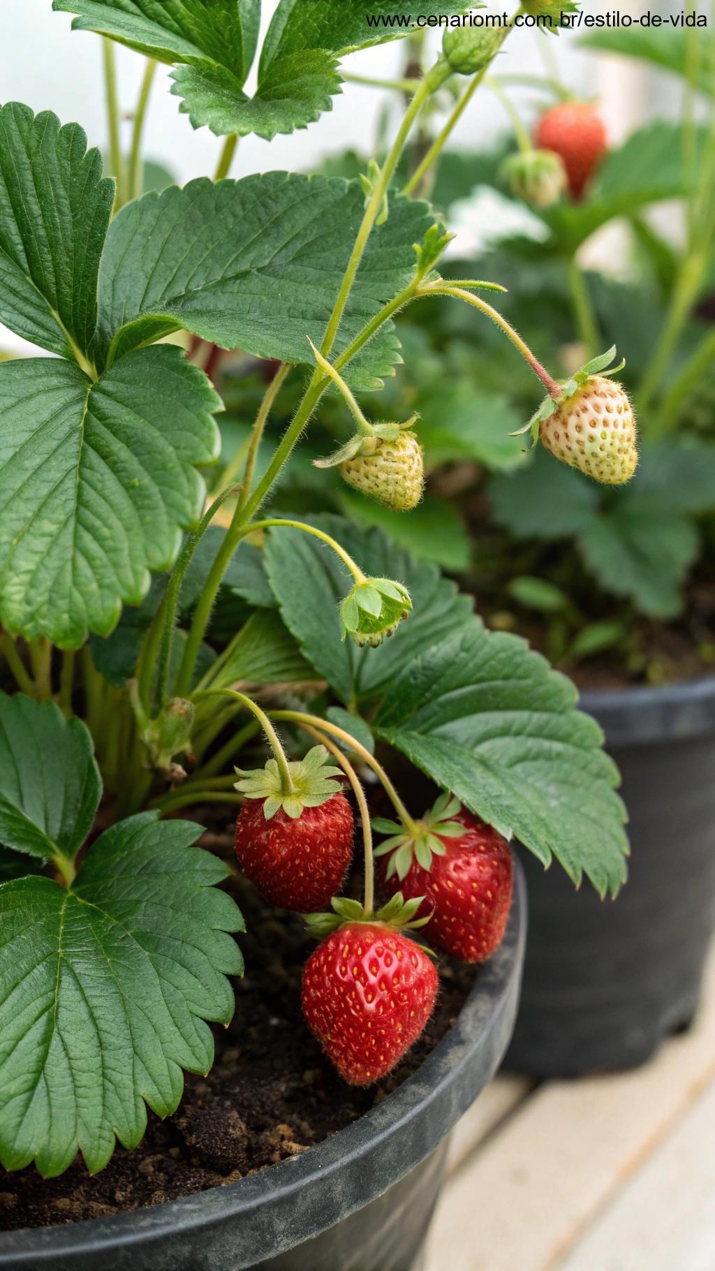 Planta de morango com morangos maduros em um vaso pequeno.