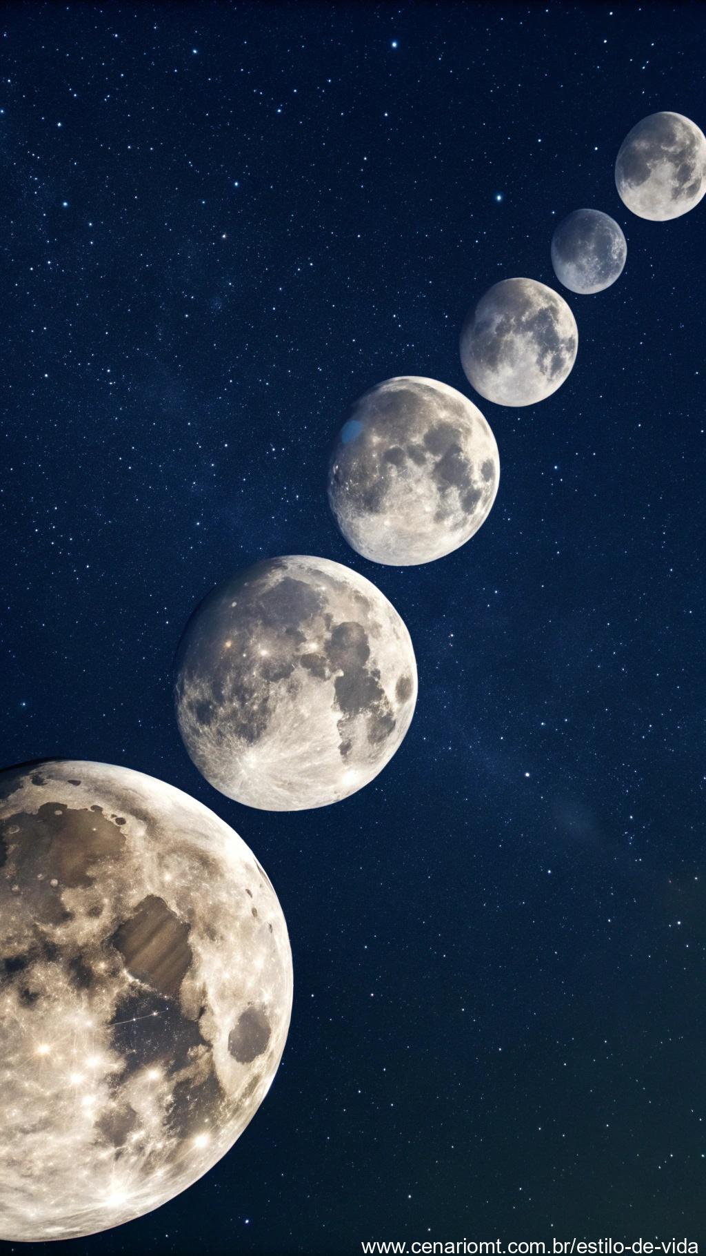 Ciclo lunar mostrando todas as fases da lua, do novo ao cheio.