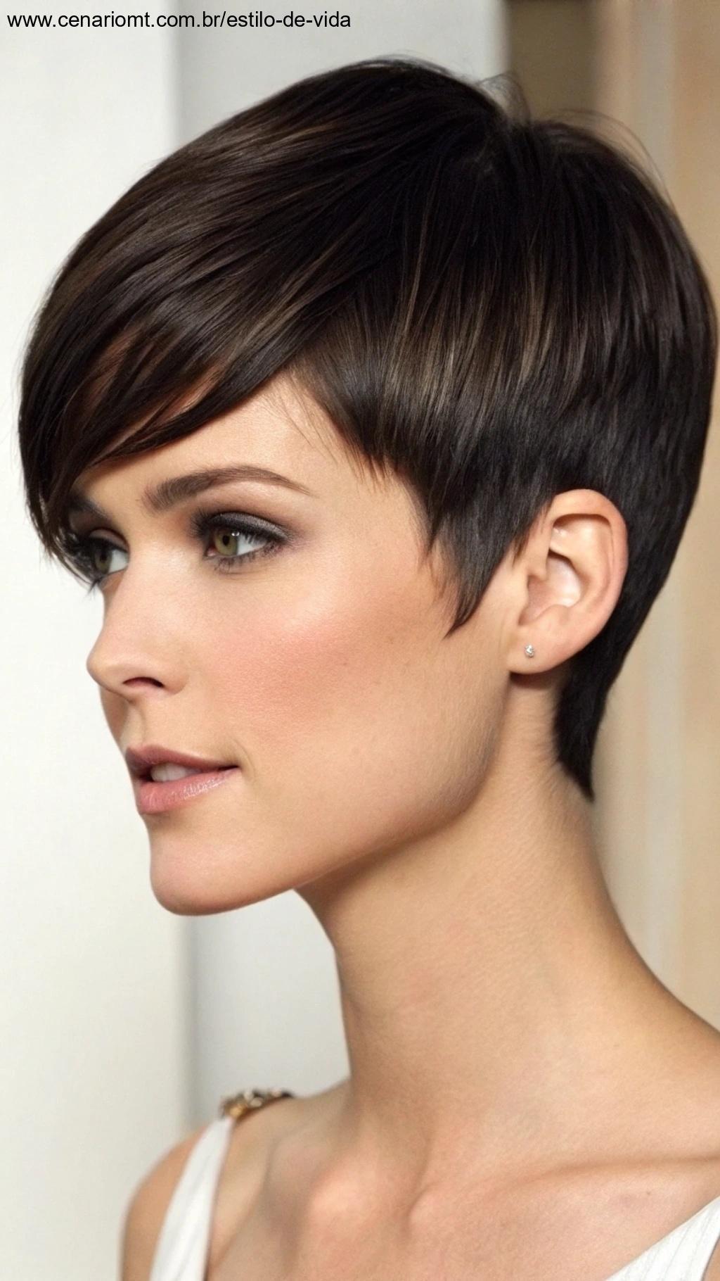 Corte pixie clássico, curto e elegante.