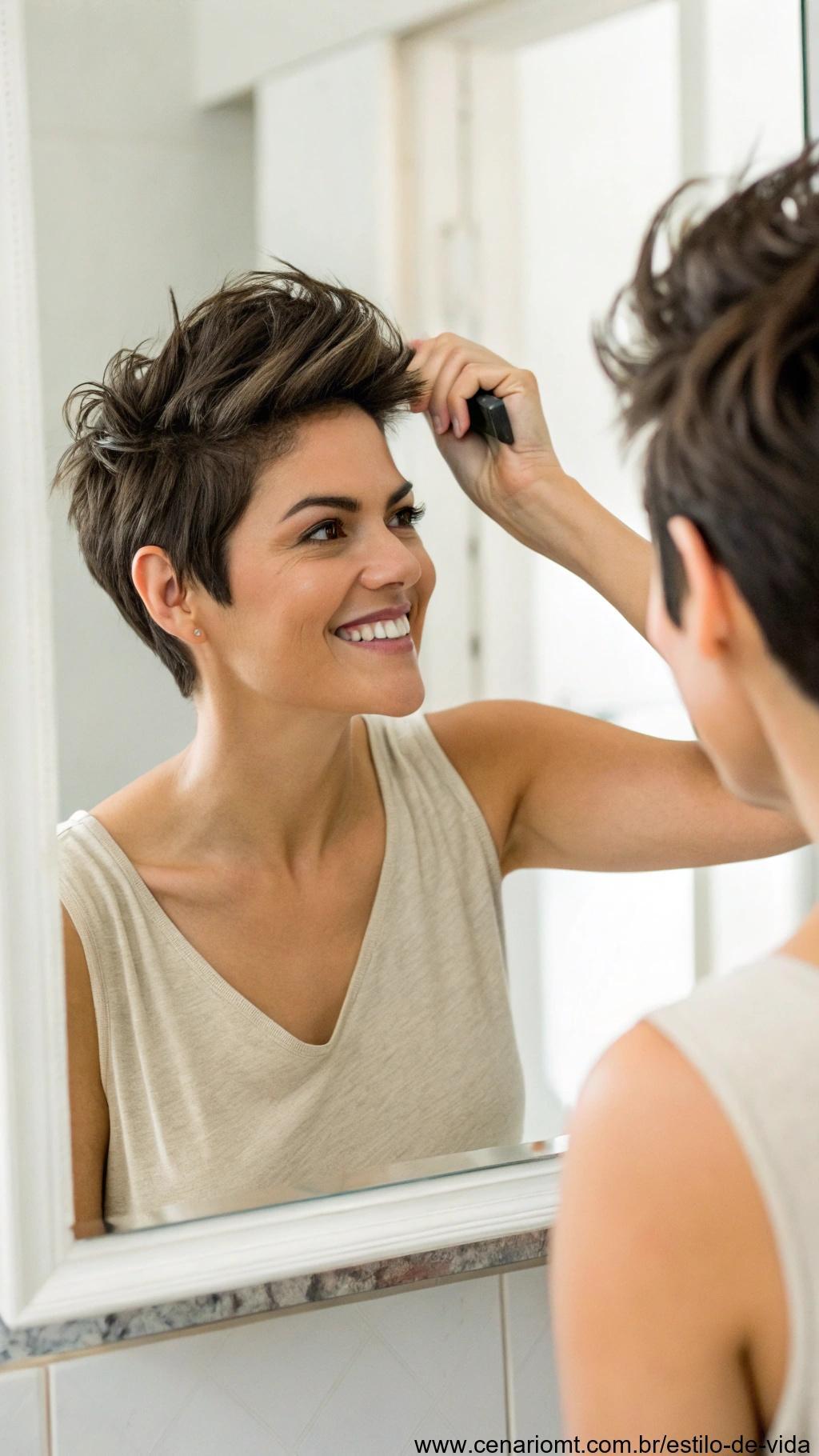 Mulher ocupada com corte pixie realizando tarefas diárias com facilidade