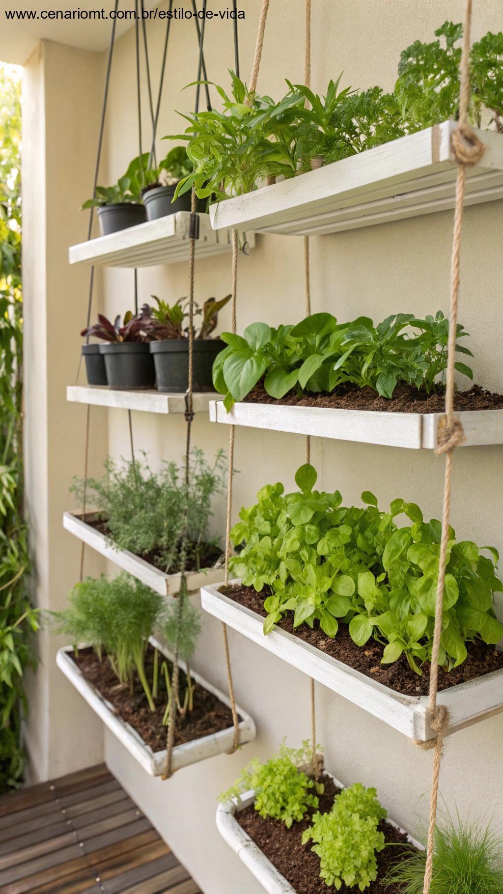 Prateleiras suspensas com diversas plantas organizadas em um espaço pequeno para jardinagem vertical.