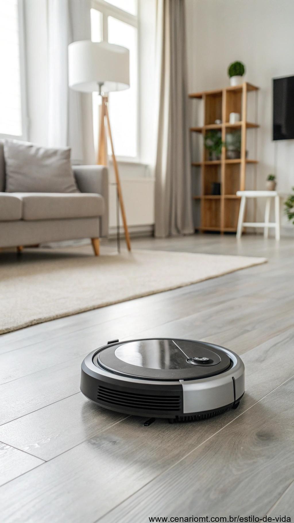 Robô aspirador inteligente em uma sala de estar minimalista