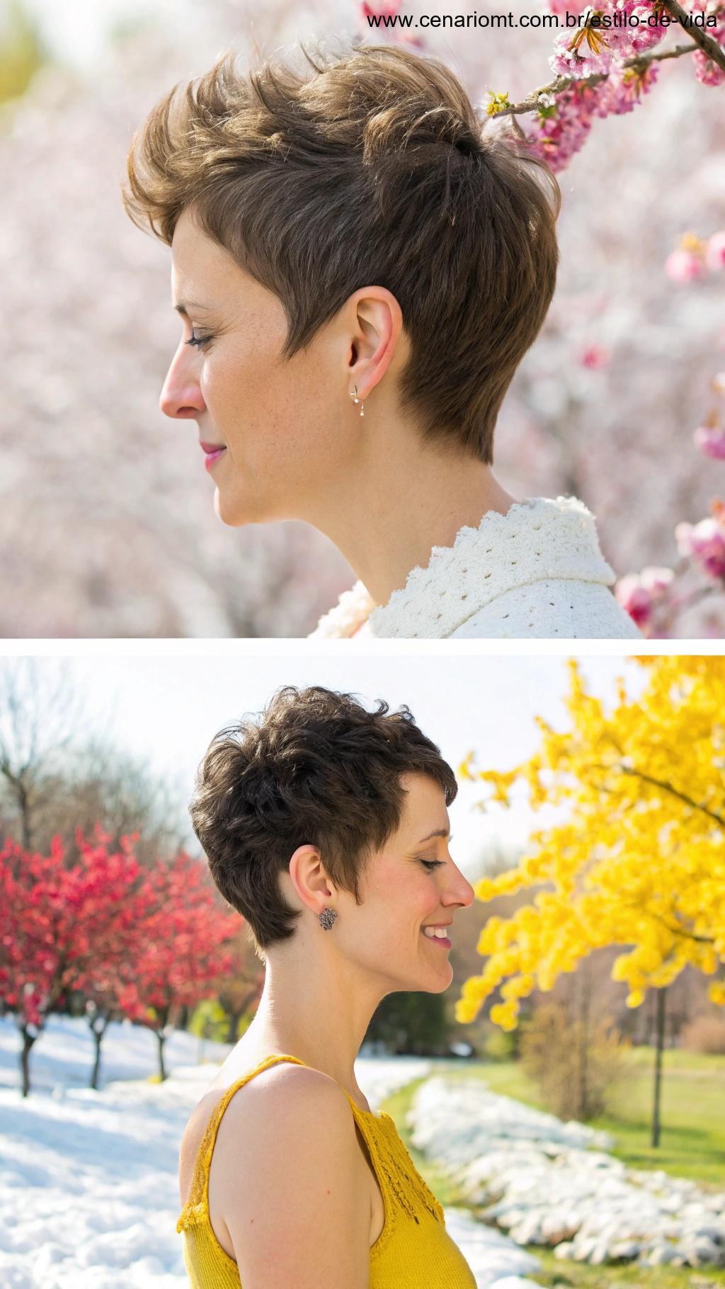 Mulher com corte pixie aproveitando diferentes estações, mostrando a adaptabilidade do corte