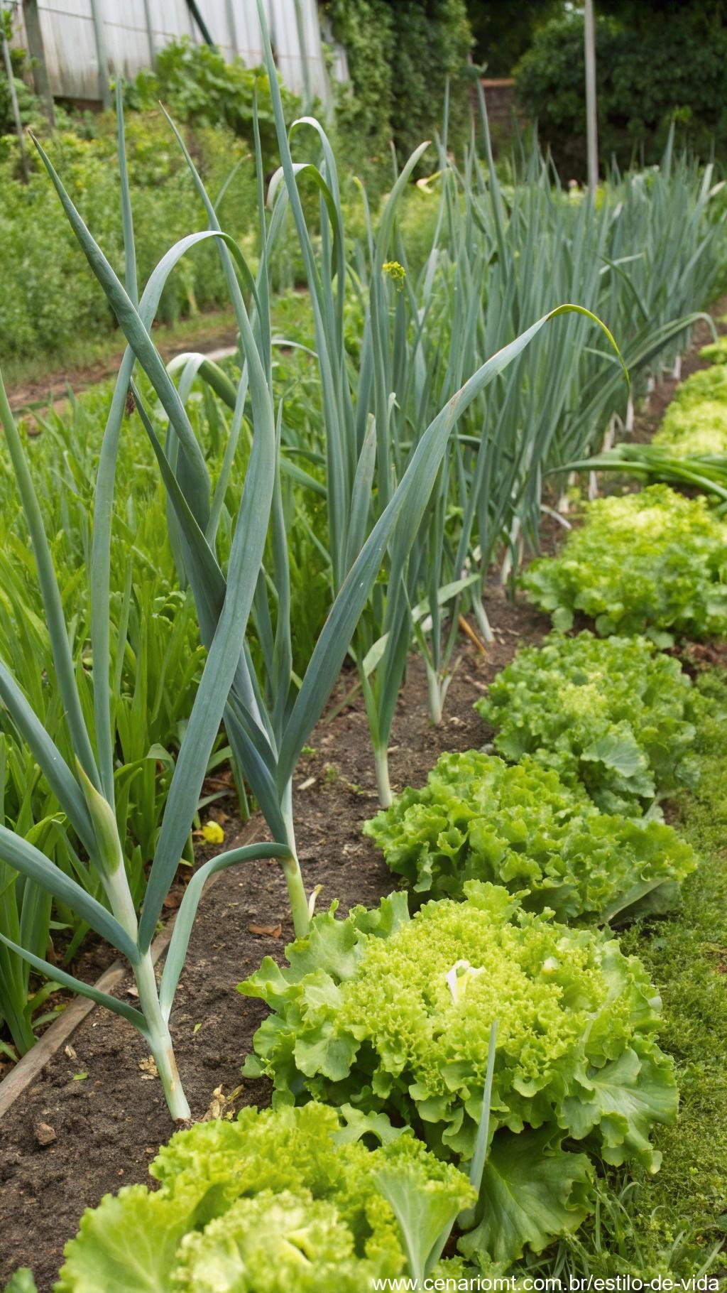 Alho-poró crescendo ao lado de alface, ambas as plantas formando uma área verde e exuberante em um canteiro bem cuidado.