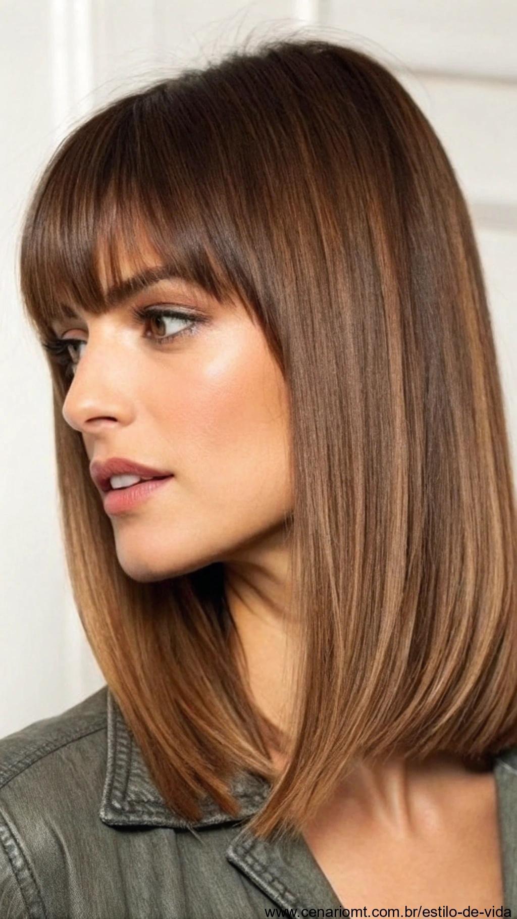 Corte bob longo com franja: bob longo com franjas para um estilo versátil e moderno.