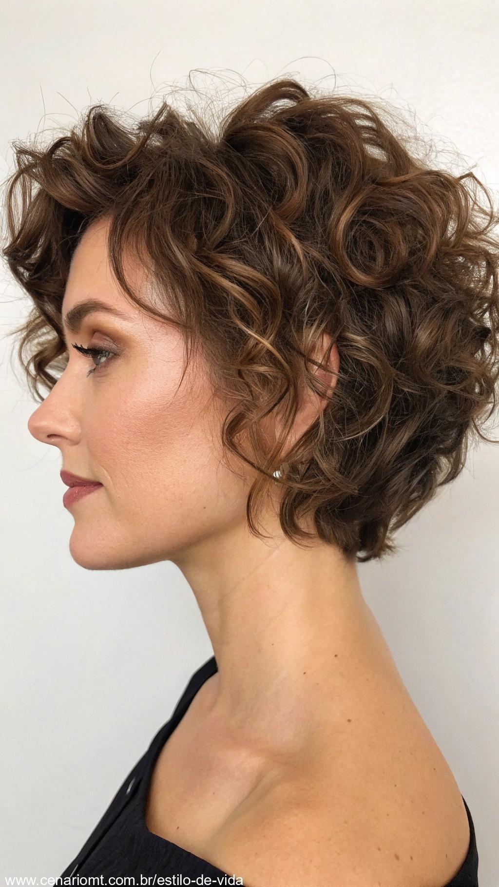 Corte curto com volume e cachos suaves.