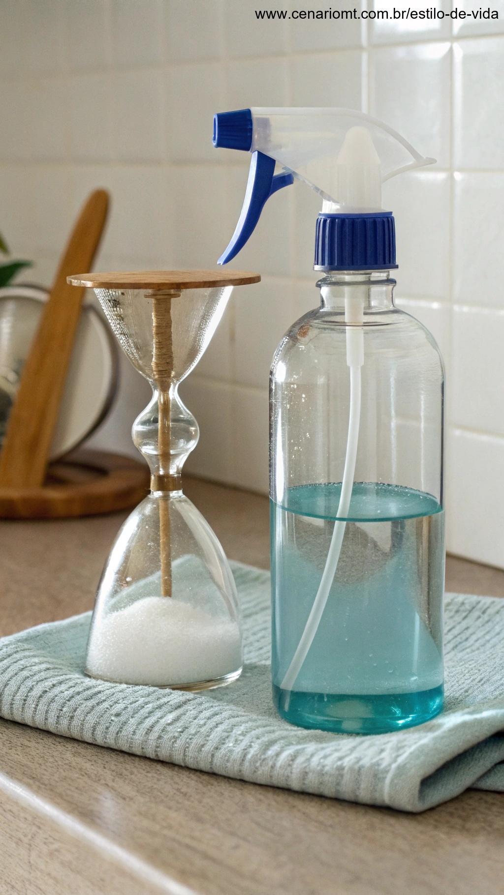 Frasco de produto de limpeza com um cronômetro ao lado, indicando tempo de ação.