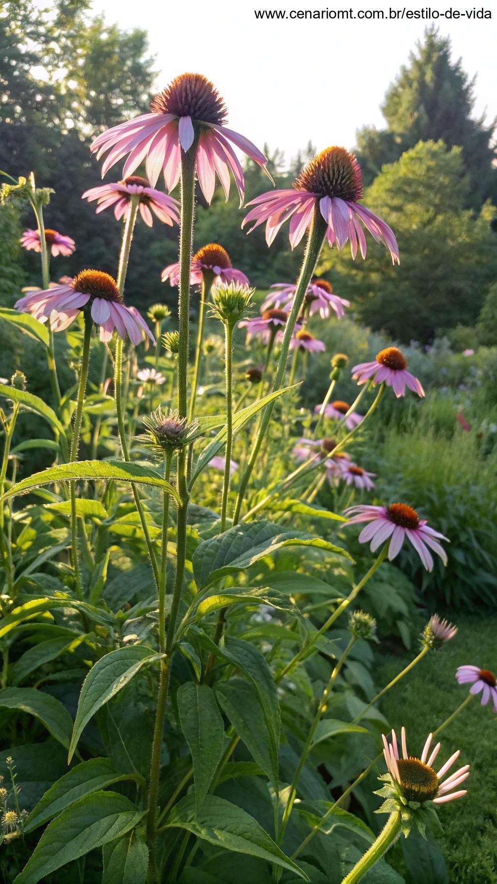 Planta de Echinacea com flores roxas e folhas verdes.