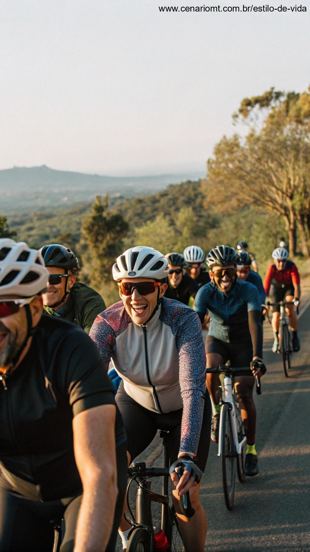 Grupo de ciclistas pedalando juntos, promovendo bem-estar social
