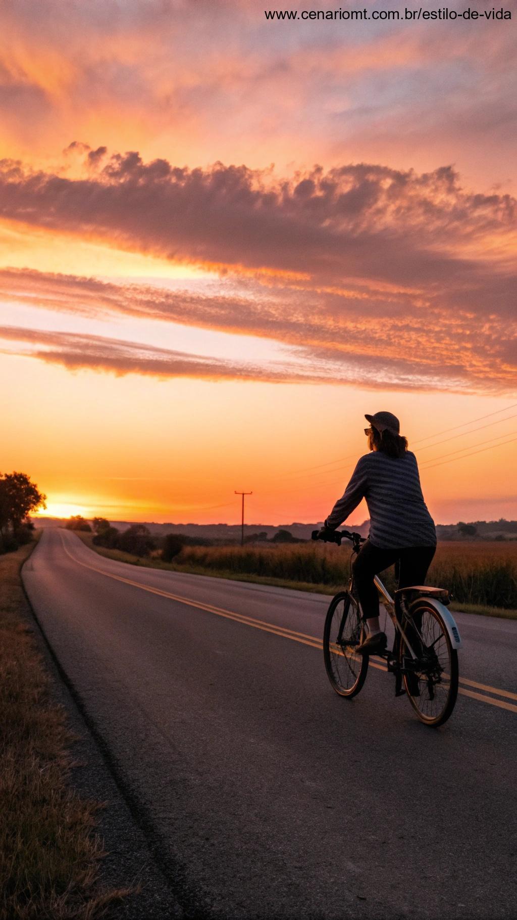 Ciclista aproveitando um passeio ao pôr do sol, com sensações de relaxamento e melhoria do sono.