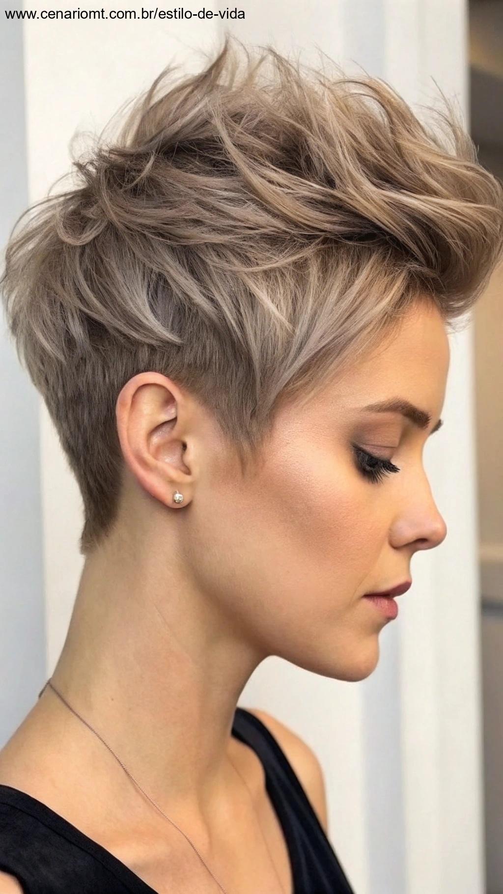 Corte pixie com volume no topo, moderno e estiloso.