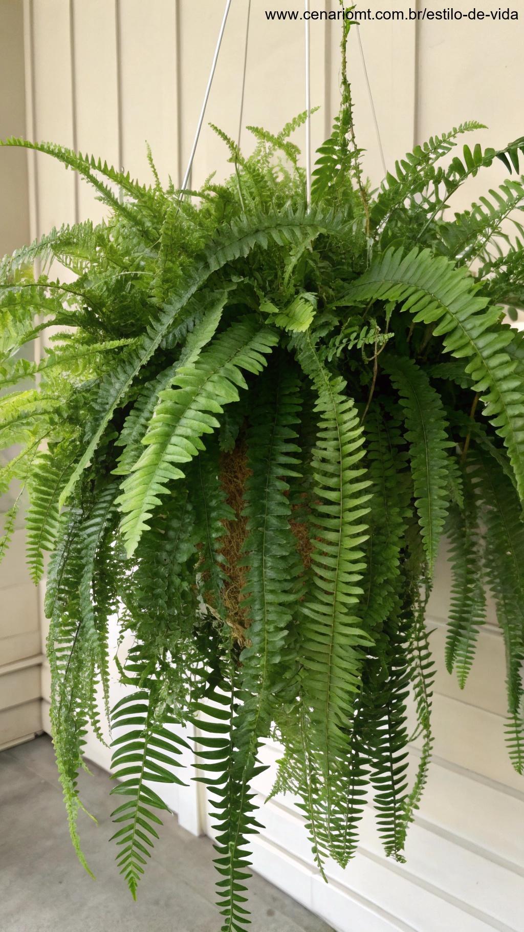 Planta Samambaia com folhas verdes delicadas em um cesto suspenso