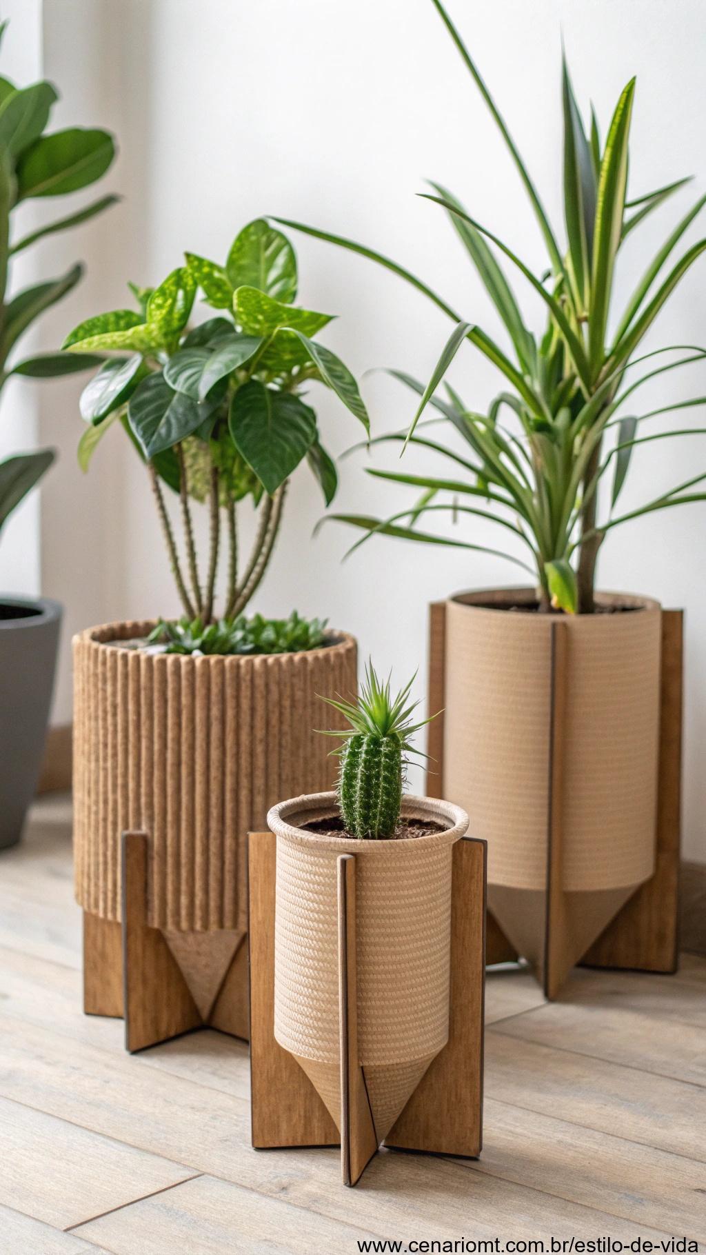 Suporte para plantas feito de papelão reaproveitado.
