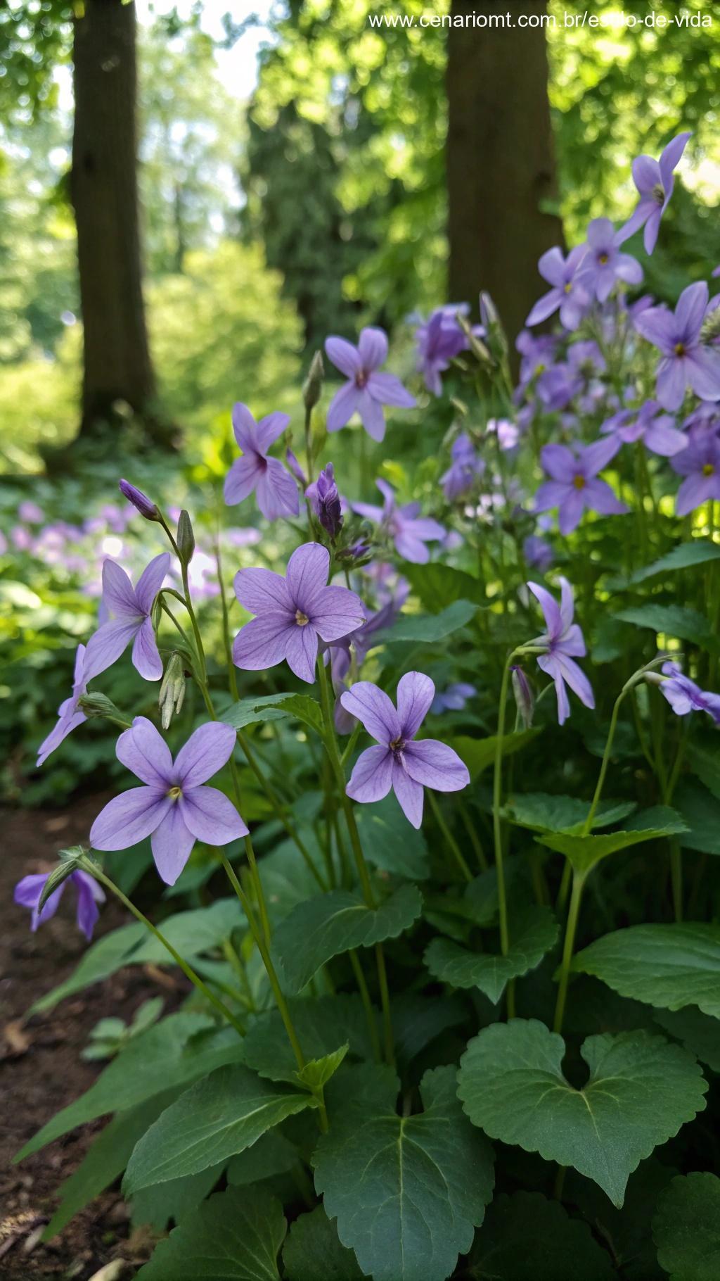Um aglomerado de flores violetas com pétalas roxas e um perfume suave, crescendo em uma área sombreada do jardim.