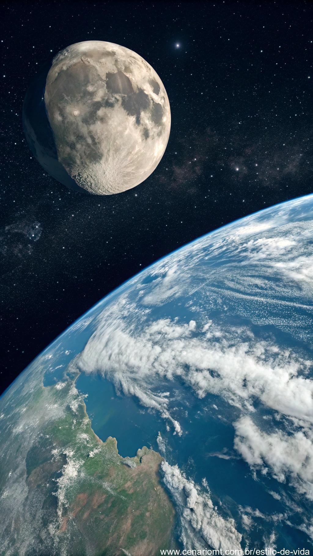 Vista distante da Terra e da lua se separando.