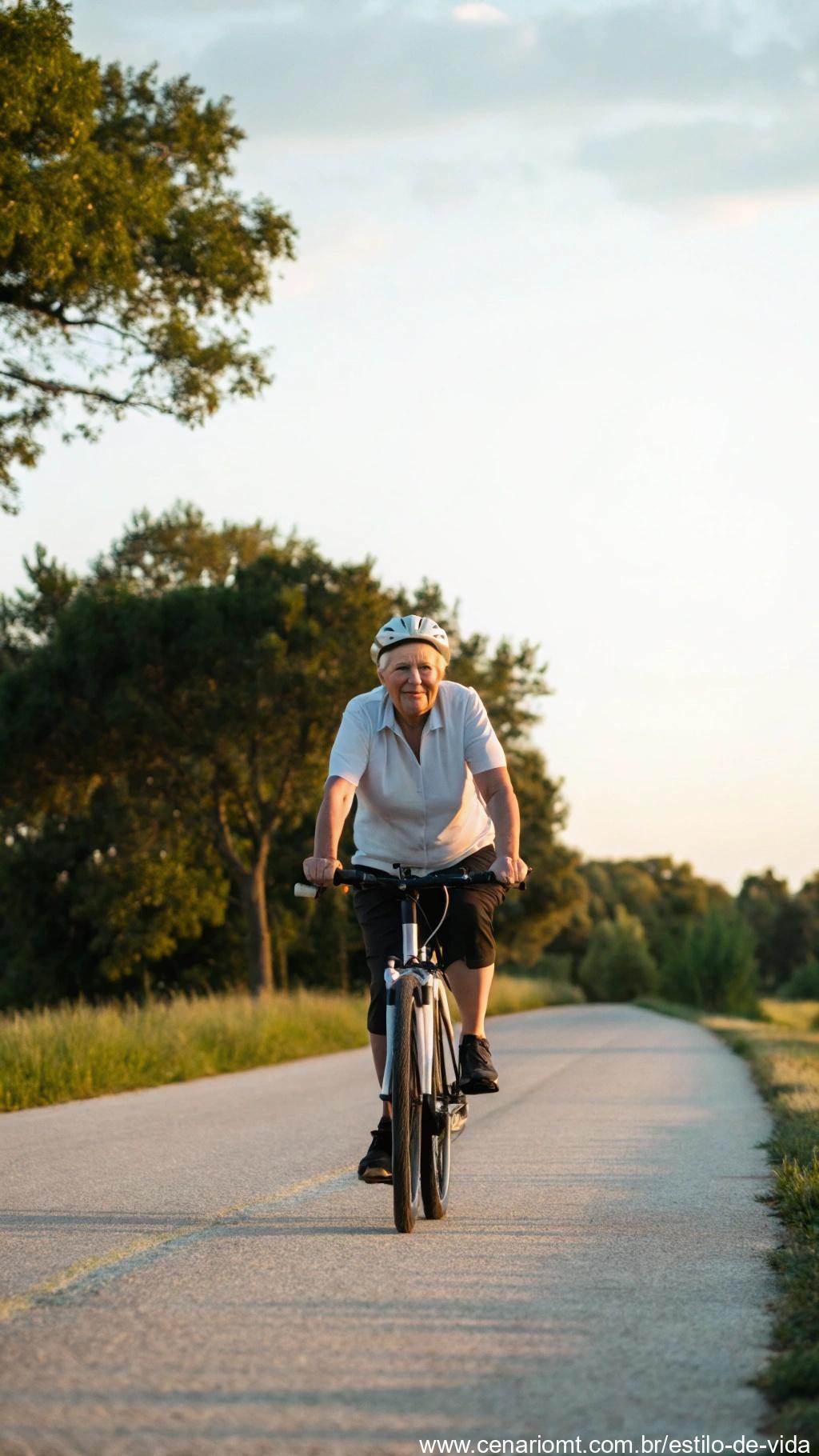 Ciclista idoso pedalando suavemente em um caminho, simbolizando longevidade.