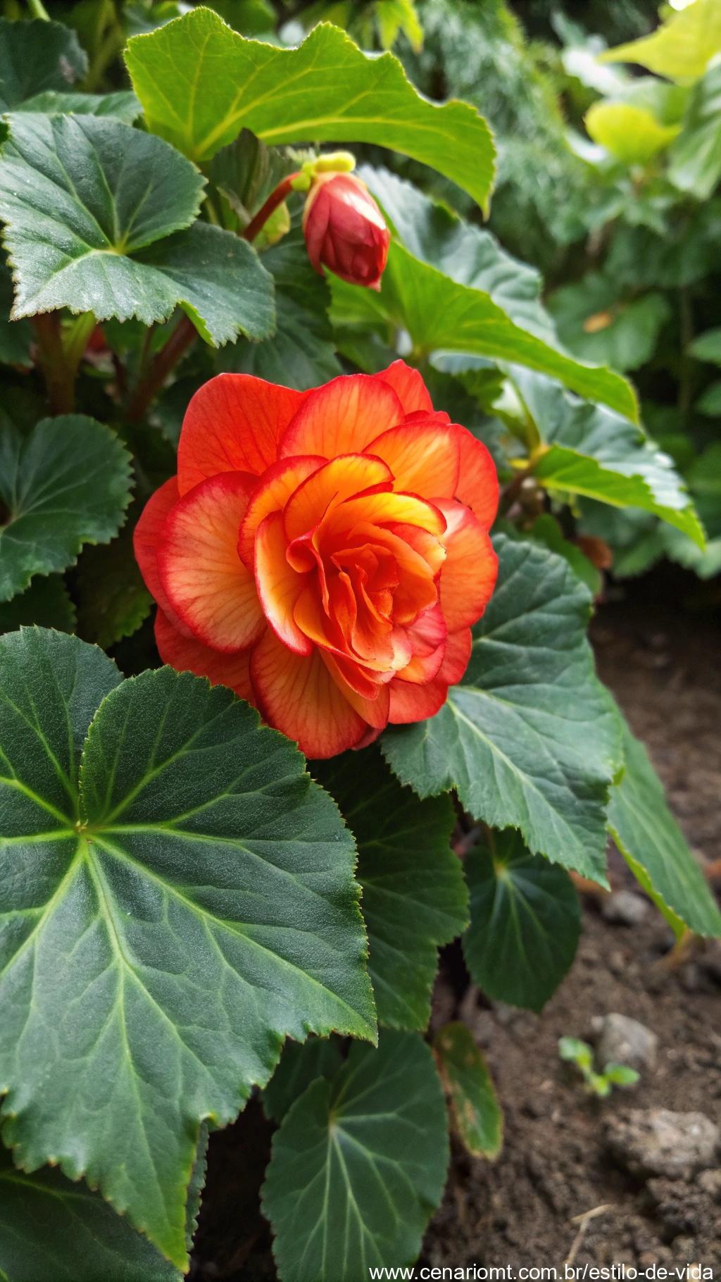 Uma flor vibrante de begônia com pétalas vermelhas e laranjas, posicionada entre folhas verdes em um canto sombreado do jardim.