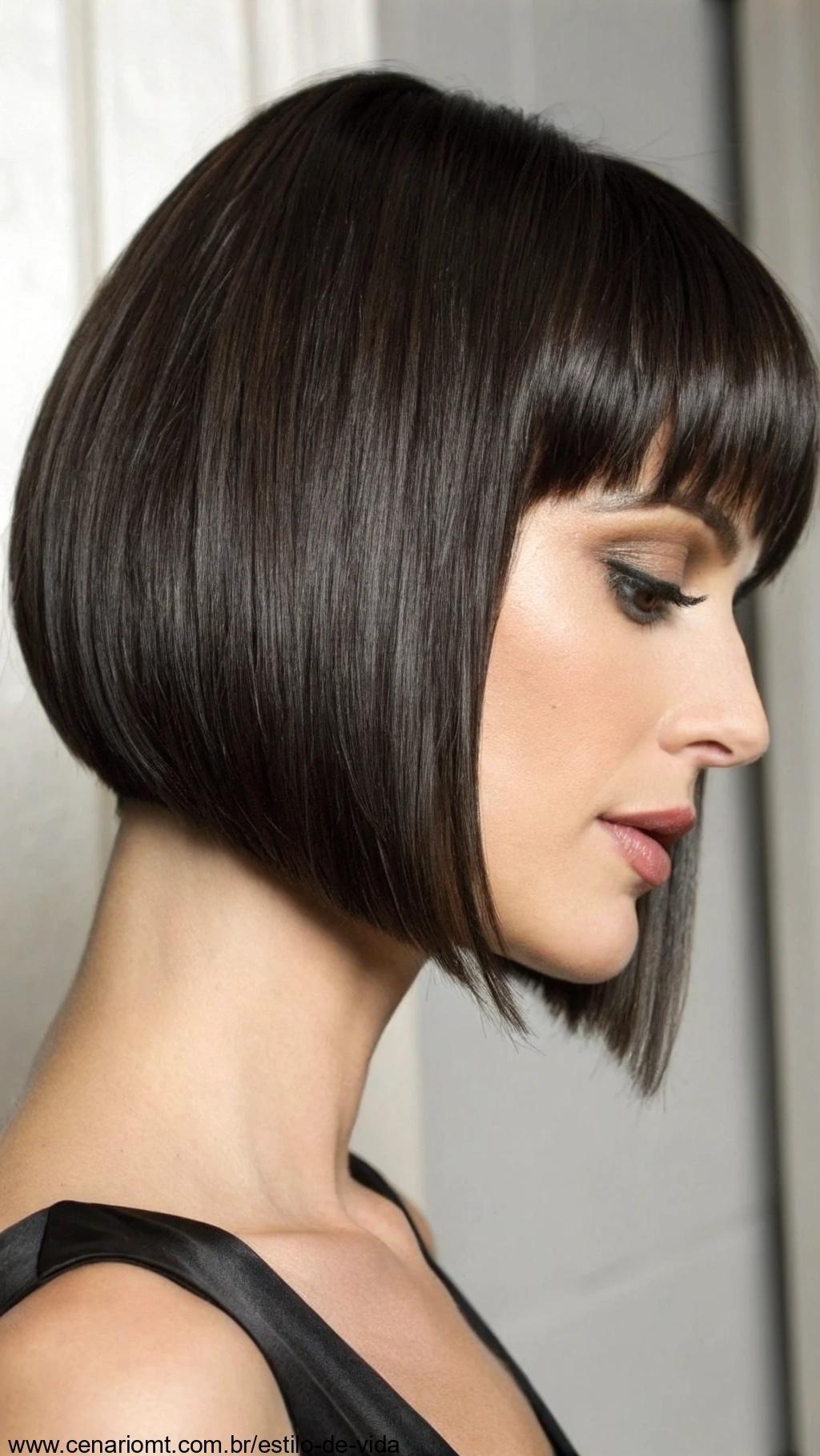 Corte bob com franja reta e moderna.