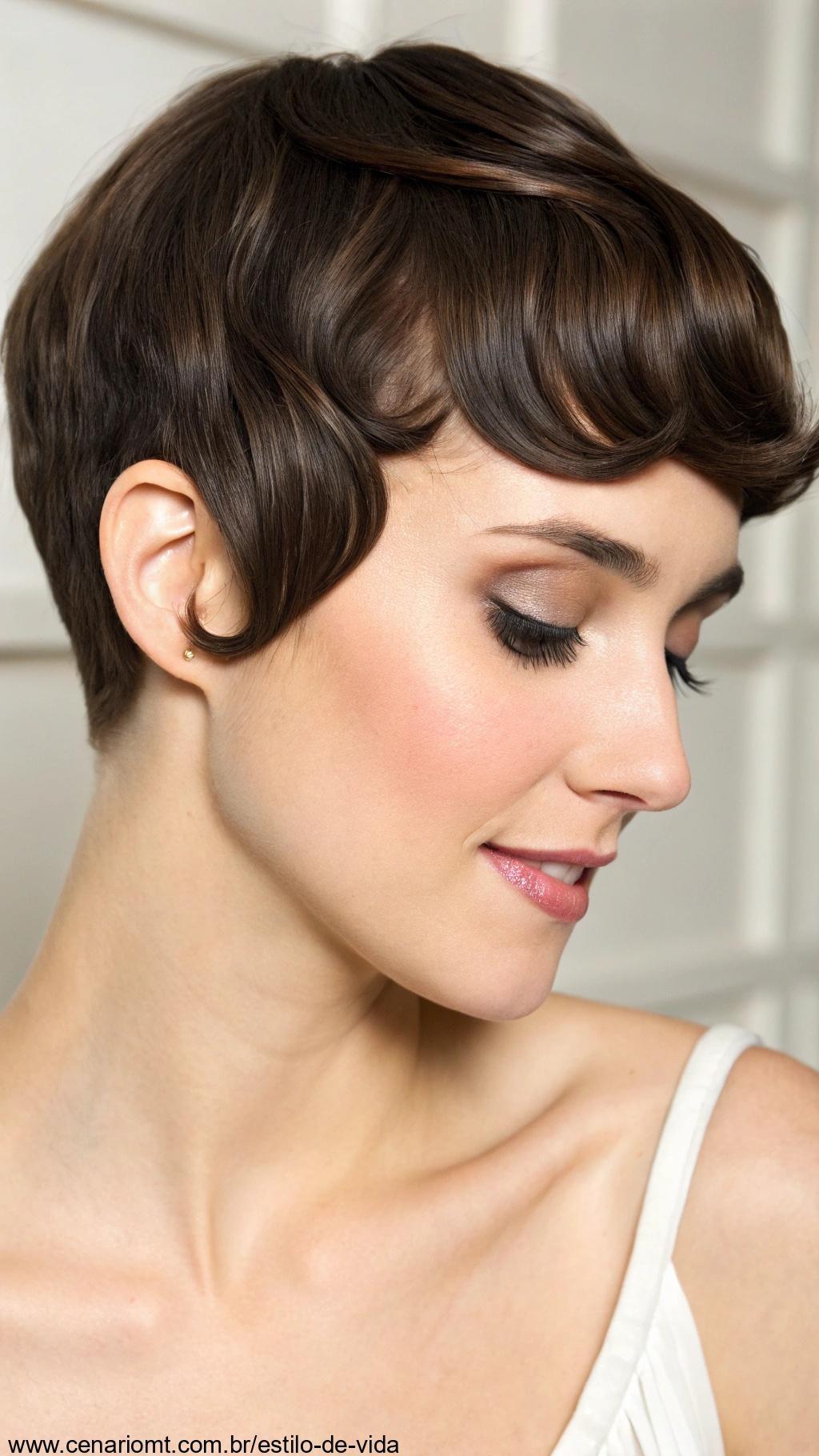 Corte curto com franja curvada: cabelo curto com franjas curvas para um visual feminino.